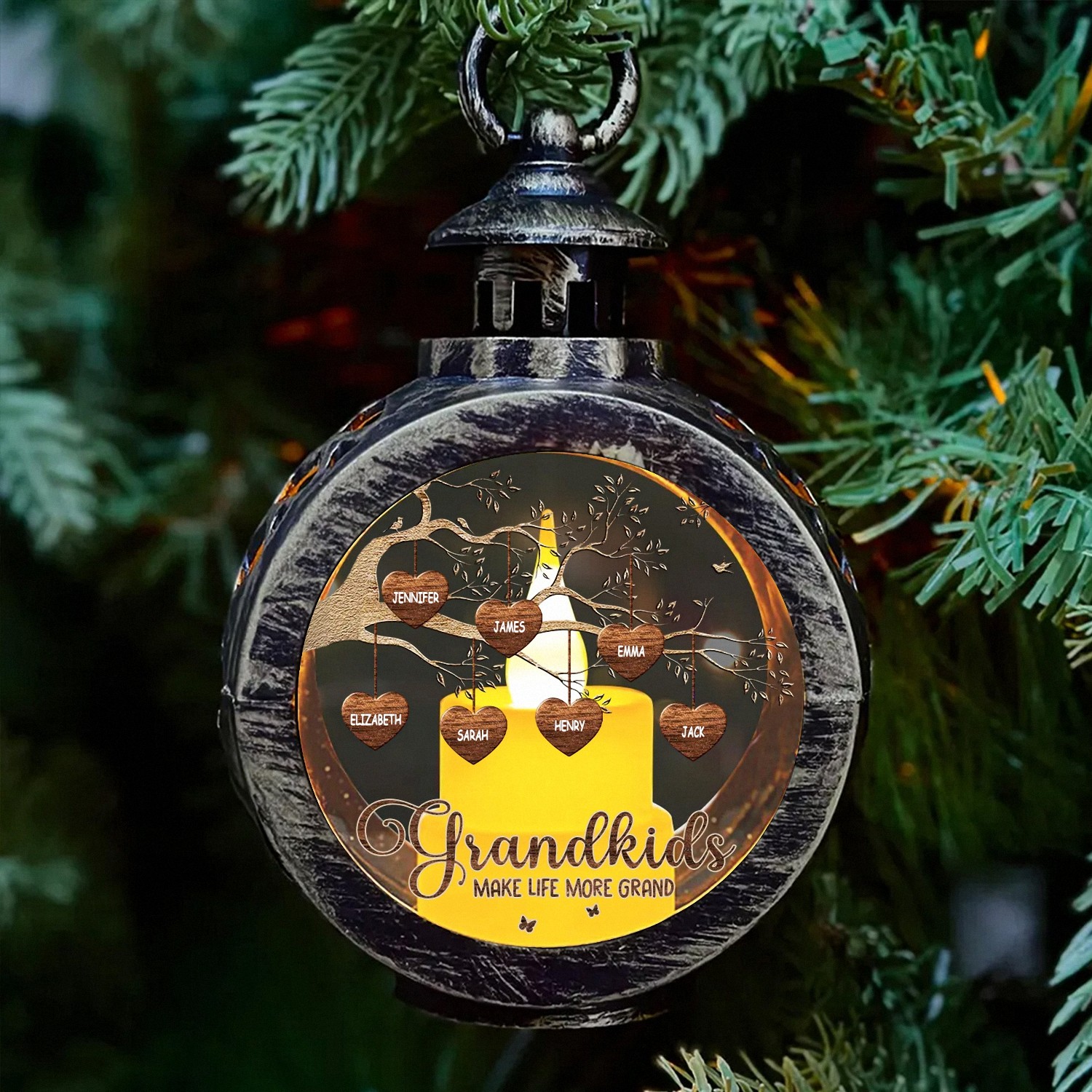 Personalized Grandkids Family Tree Lantern with Custom Names Make Life More Grand LED Light Vintage Style Keepsake Christmas Mothers Day Gift for Grandma Home Decor LG3U8