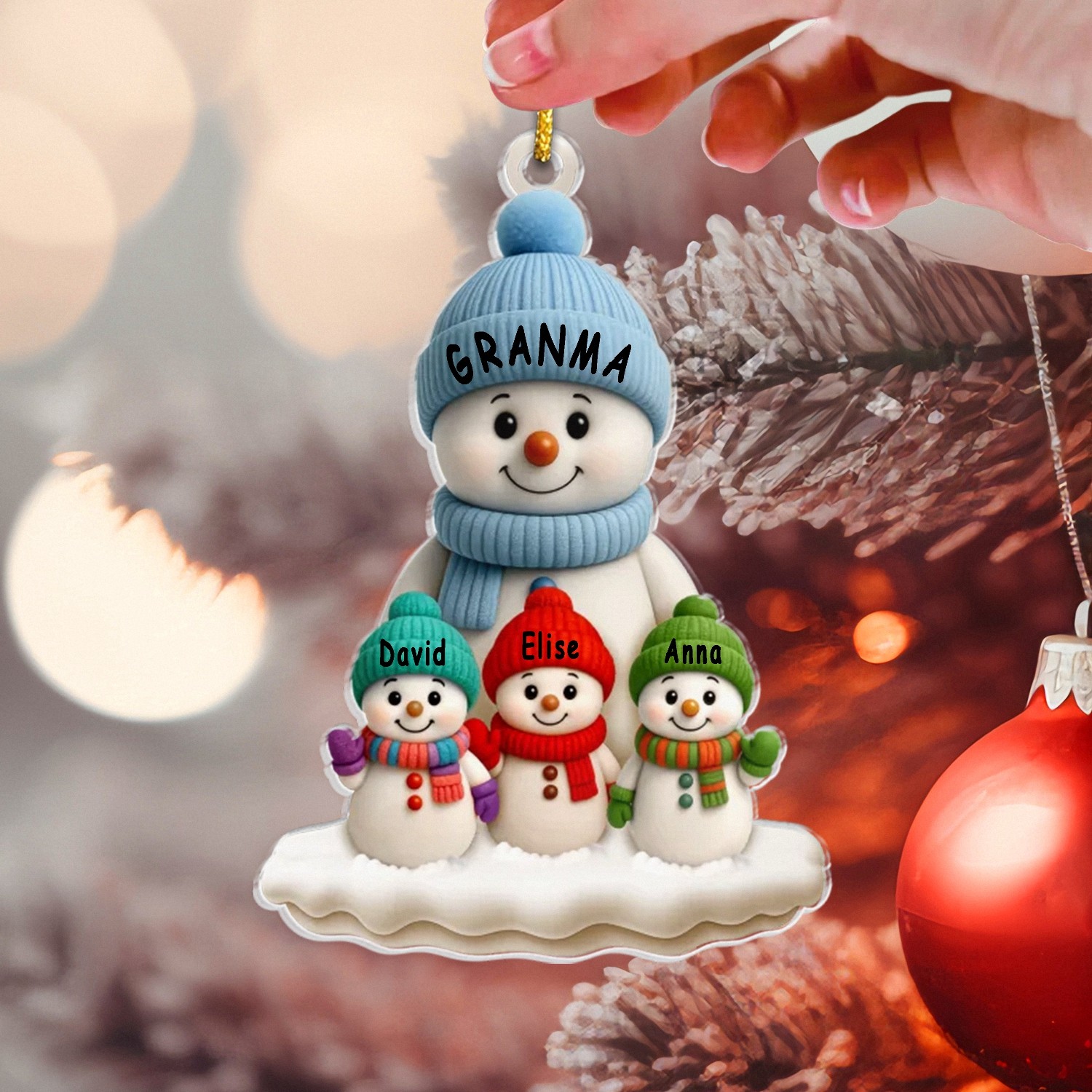 Personalized Grandma and Grandkids Snowman Acrylic Ornament - Custom Christmas Gift for Grandmother with Names