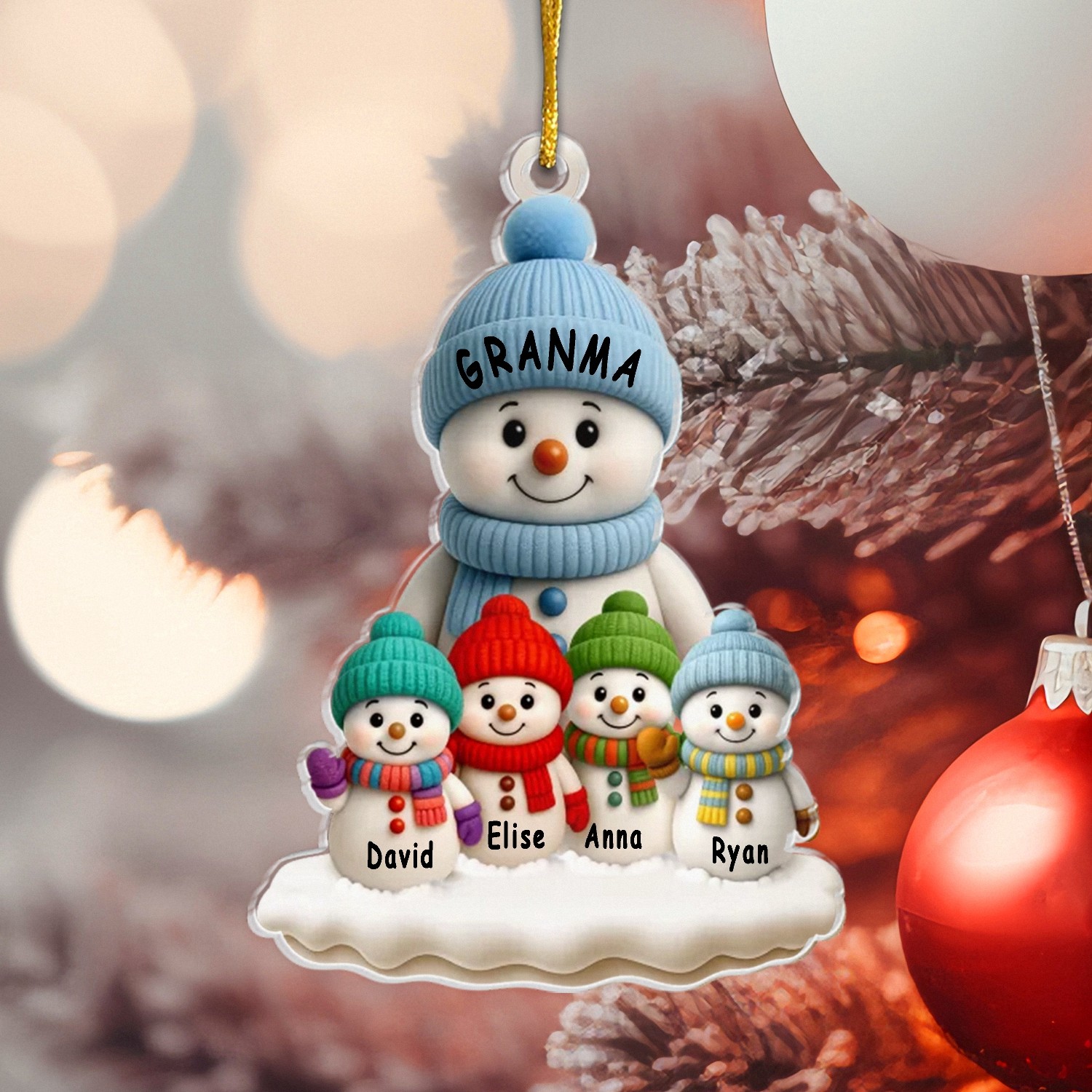 Personalized Grandma and Grandkids Snowman Acrylic Ornament - Custom Christmas Gift for Grandmother with Names