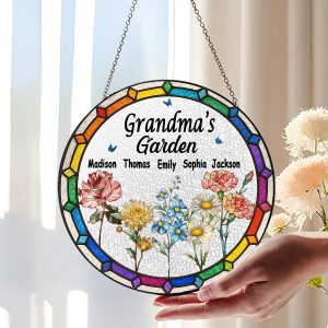 Personalized Grandmas Garden Suncatcher with Grandkids Names Stained Glass Effect with Birth Month Flowers Mothers Day Gift for Grandma Window Hanging Decor