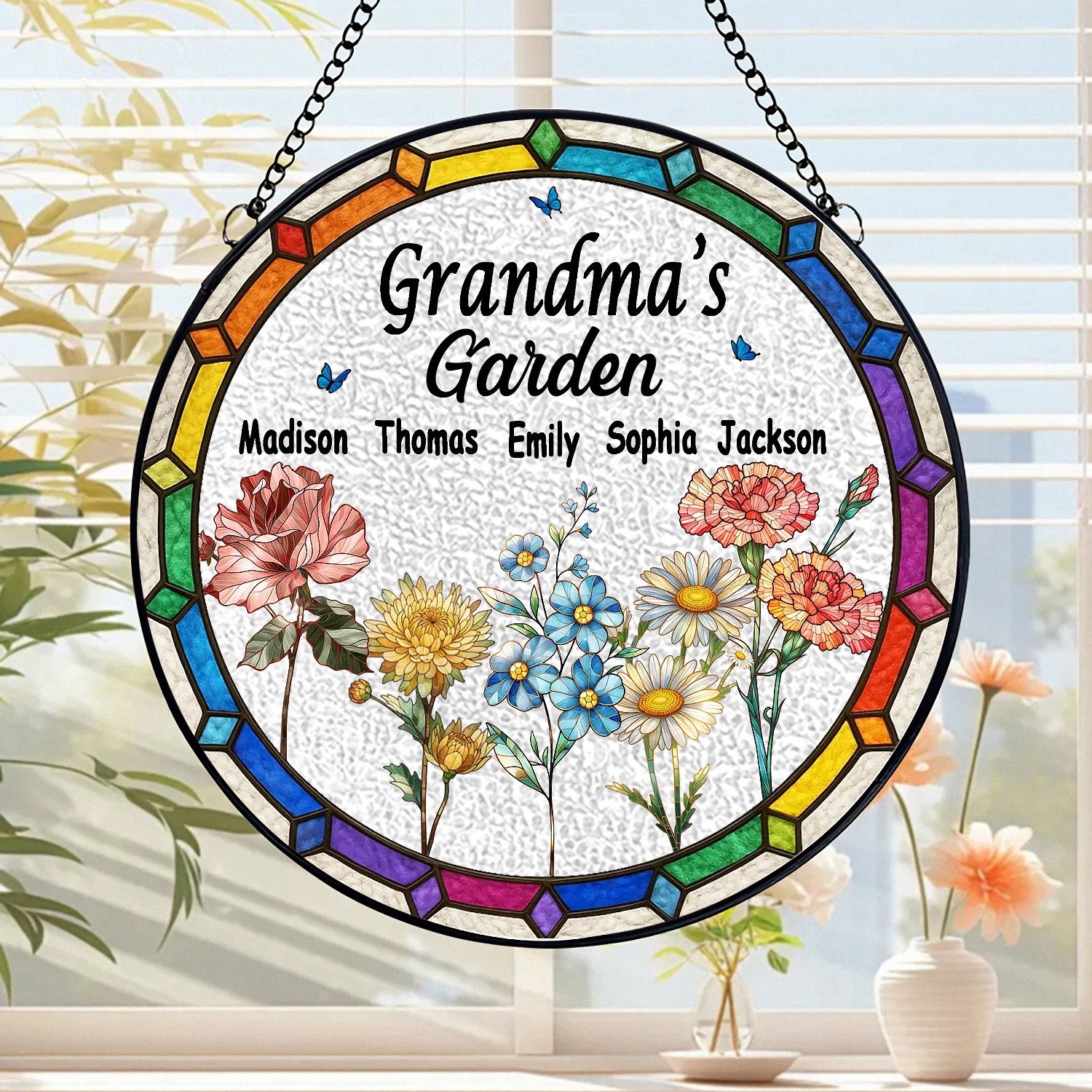 Personalized Grandmas Garden Suncatcher with Grandkids Names Stained Glass Effect with Birth Month Flowers Mothers Day Gift for Grandma Window Hanging Decor