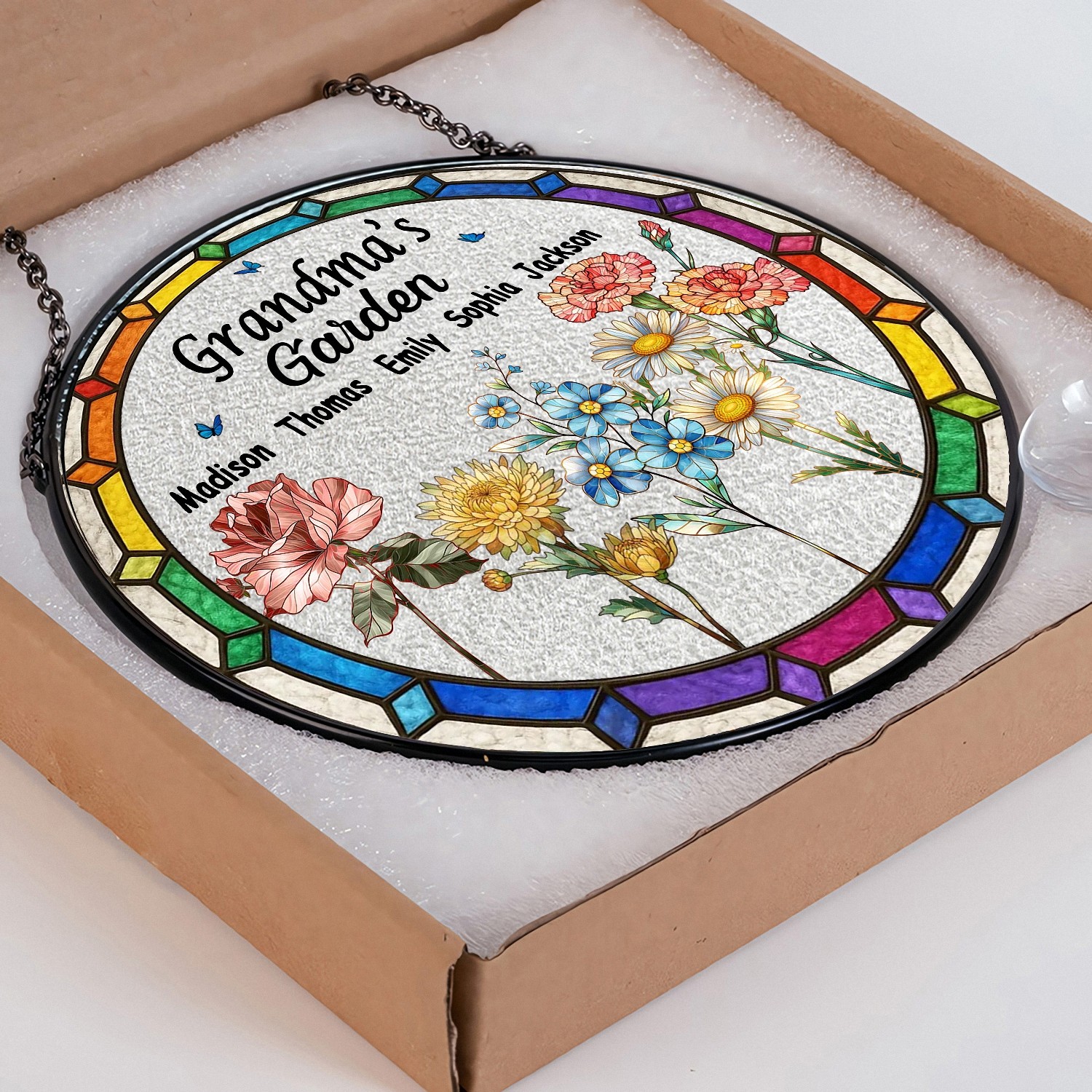 Personalized Grandmas Garden Suncatcher with Grandkids Names Stained Glass Effect with Birth Month Flowers Mothers Day Gift for Grandma Window Hanging Decor