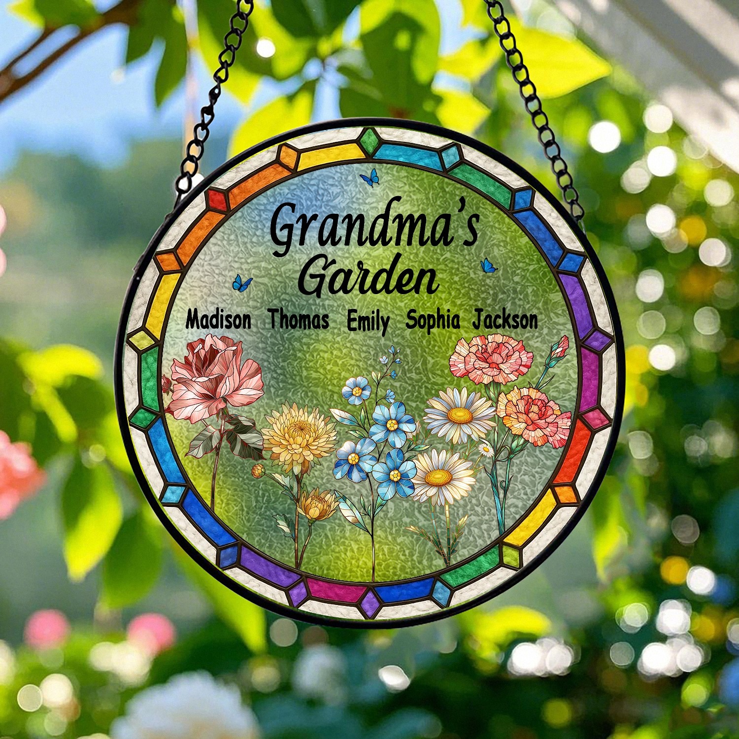 Personalized Grandmas Garden Suncatcher with Grandkids Names Stained Glass Effect with Birth Month Flowers Mothers Day Gift for Grandma Window Hanging Decor