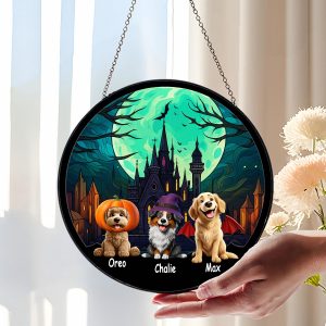 Personalized Halloween Dog Suncatcher with Names, Round Window Hanging with Pets in Costume, Stained Glass Effect, Spooky Season Gift for Dog Lovers, Custom Haunted House Decor