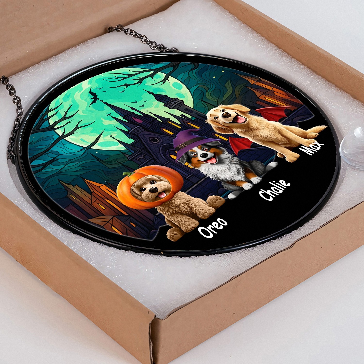 Personalized Halloween Dog Suncatcher with Names, Round Window Hanging with Pets in Costume, Stained Glass Effect, Spooky Season Gift for Dog Lovers, Custom Haunted House Decor