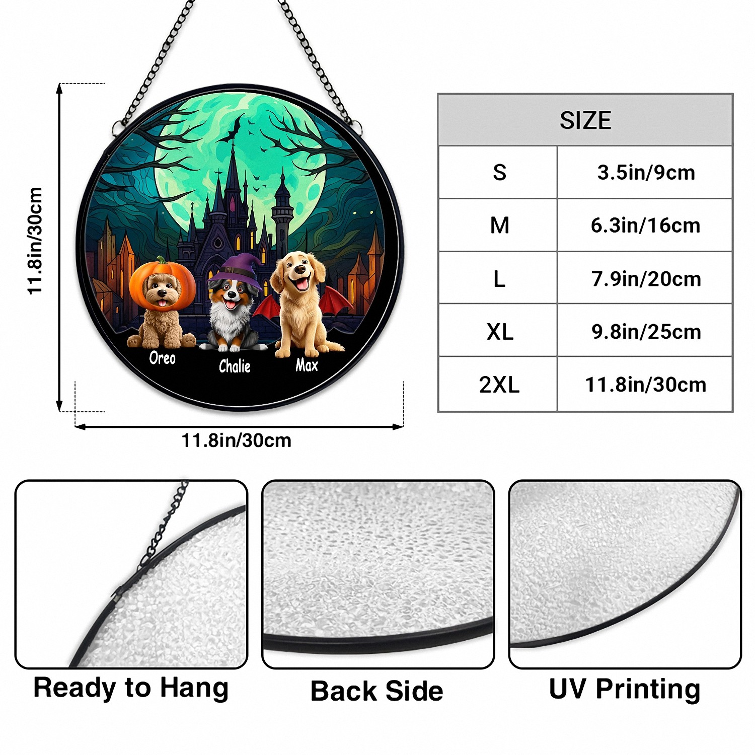 Personalized Halloween Dog Suncatcher with Names, Round Window Hanging with Pets in Costume, Stained Glass Effect, Spooky Season Gift for Dog Lovers, Custom Haunted House Decor