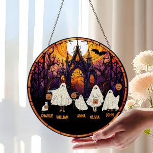 Personalized Halloween Ghost Family Suncatcher with Names Pet Stained Glass Effect Window Hanging Spooky Home Decor Gift for Family Haunted House Sign