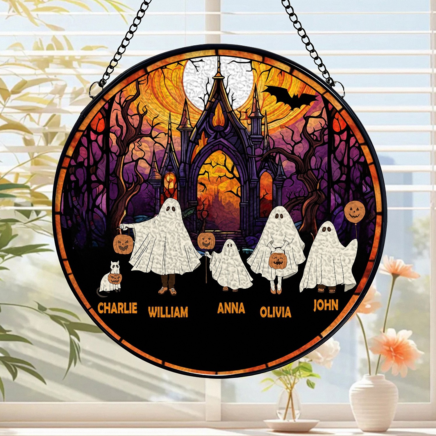 Personalized Halloween Ghost Family Suncatcher with Names Pet Stained Glass Effect Window Hanging Spooky Home Decor Gift for Family Haunted House Sign