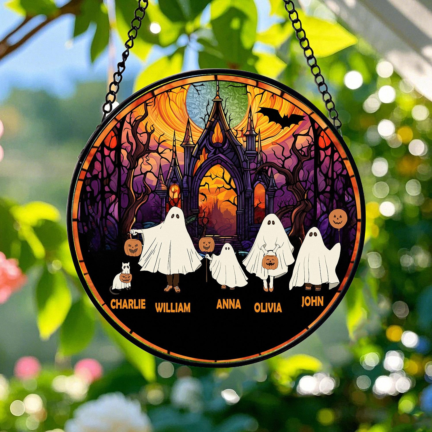 Personalized Halloween Ghost Family Suncatcher with Names Pet Stained Glass Effect Window Hanging Spooky Home Decor Gift for Family Haunted House Sign