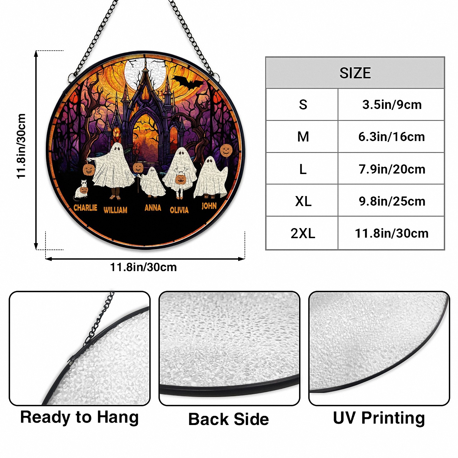 Personalized Halloween Ghost Family Suncatcher with Names Pet Stained Glass Effect Window Hanging Spooky Home Decor Gift for Family Haunted House Sign