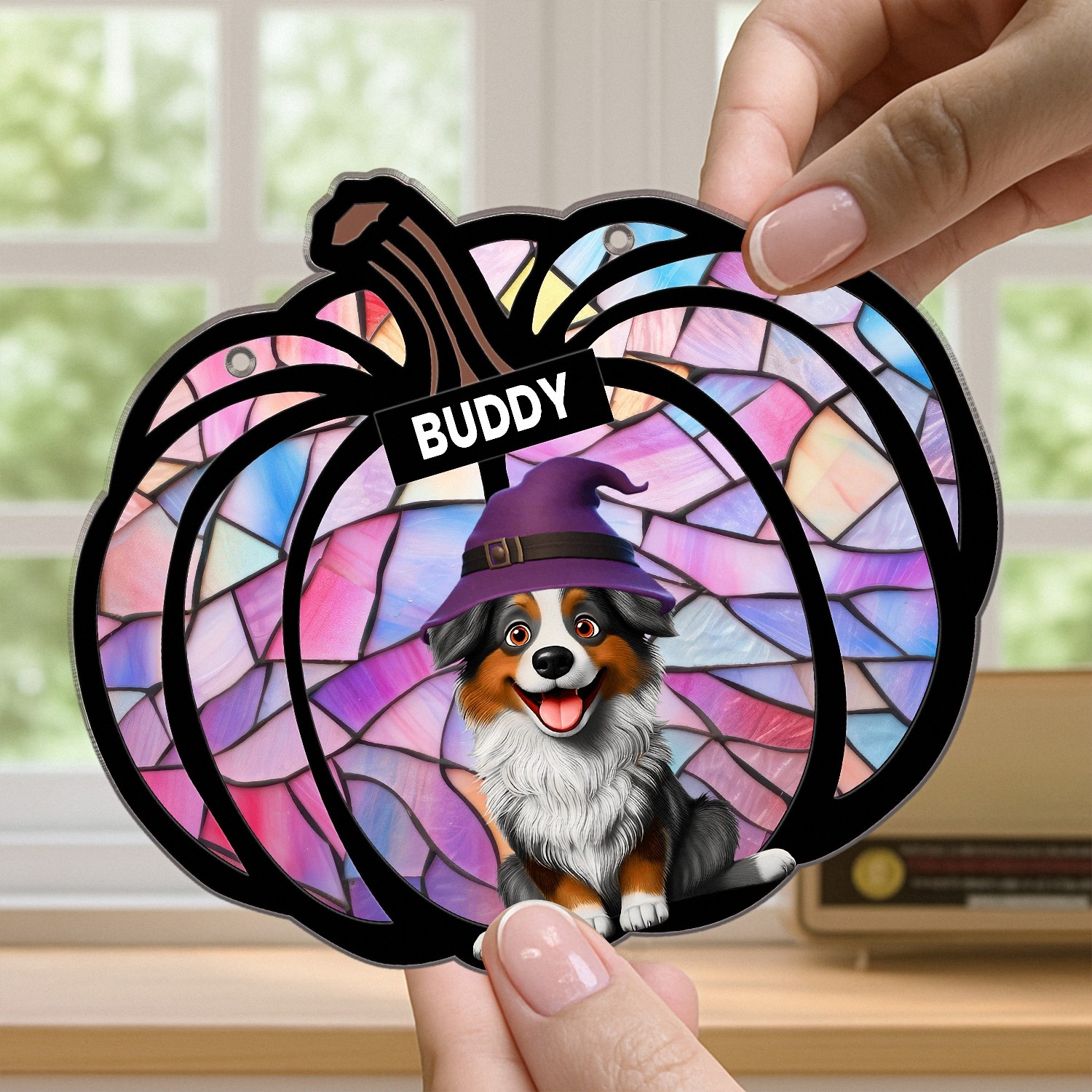 Personalized Halloween Pet Sign with Names, Crescent Suncatcher with Dogs in Costume, Stained Glass Effect Window Hanging, Spooky Season Decor Gift for Dog Lovers