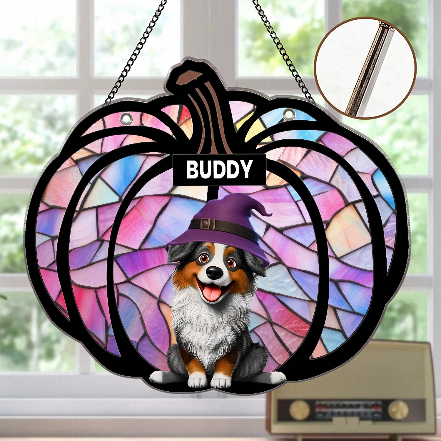 Personalized Halloween Pet Sign with Names, Crescent Suncatcher with Dogs in Costume, Stained Glass Effect Window Hanging, Spooky Season Decor Gift for Dog Lovers