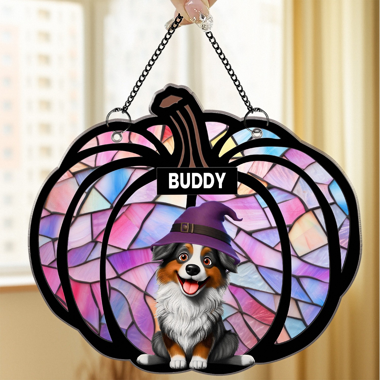 Personalized Halloween Pet Sign with Names, Crescent Suncatcher with Dogs in Costume, Stained Glass Effect Window Hanging, Spooky Season Decor Gift for Dog Lovers
