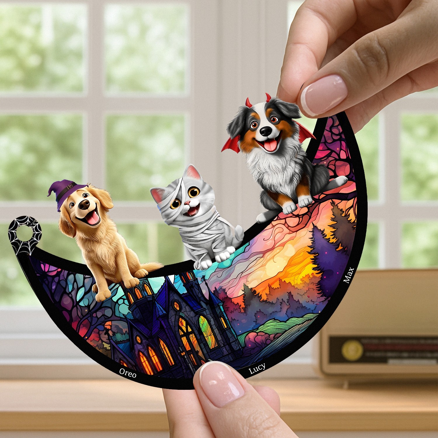 Personalized Halloween Pet Suncatcher with Custom Names CrescentShaped Window Hanging with Pets in Costume Stained Glass Effect Spooky Season Decor Gift for Dog Cat Lovers