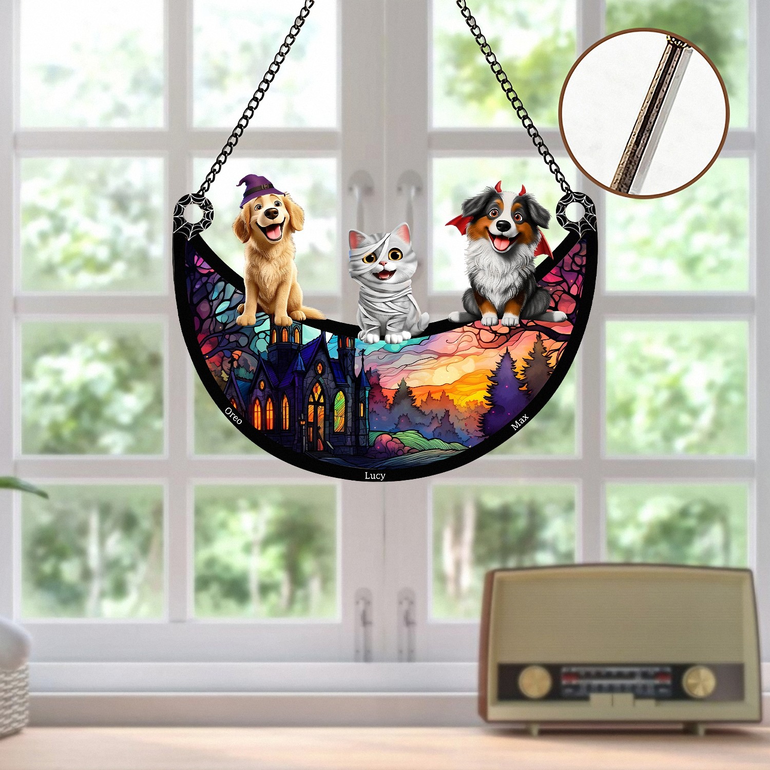 Personalized Halloween Pet Suncatcher with Custom Names CrescentShaped Window Hanging with Pets in Costume Stained Glass Effect Spooky Season Decor Gift for Dog Cat Lovers