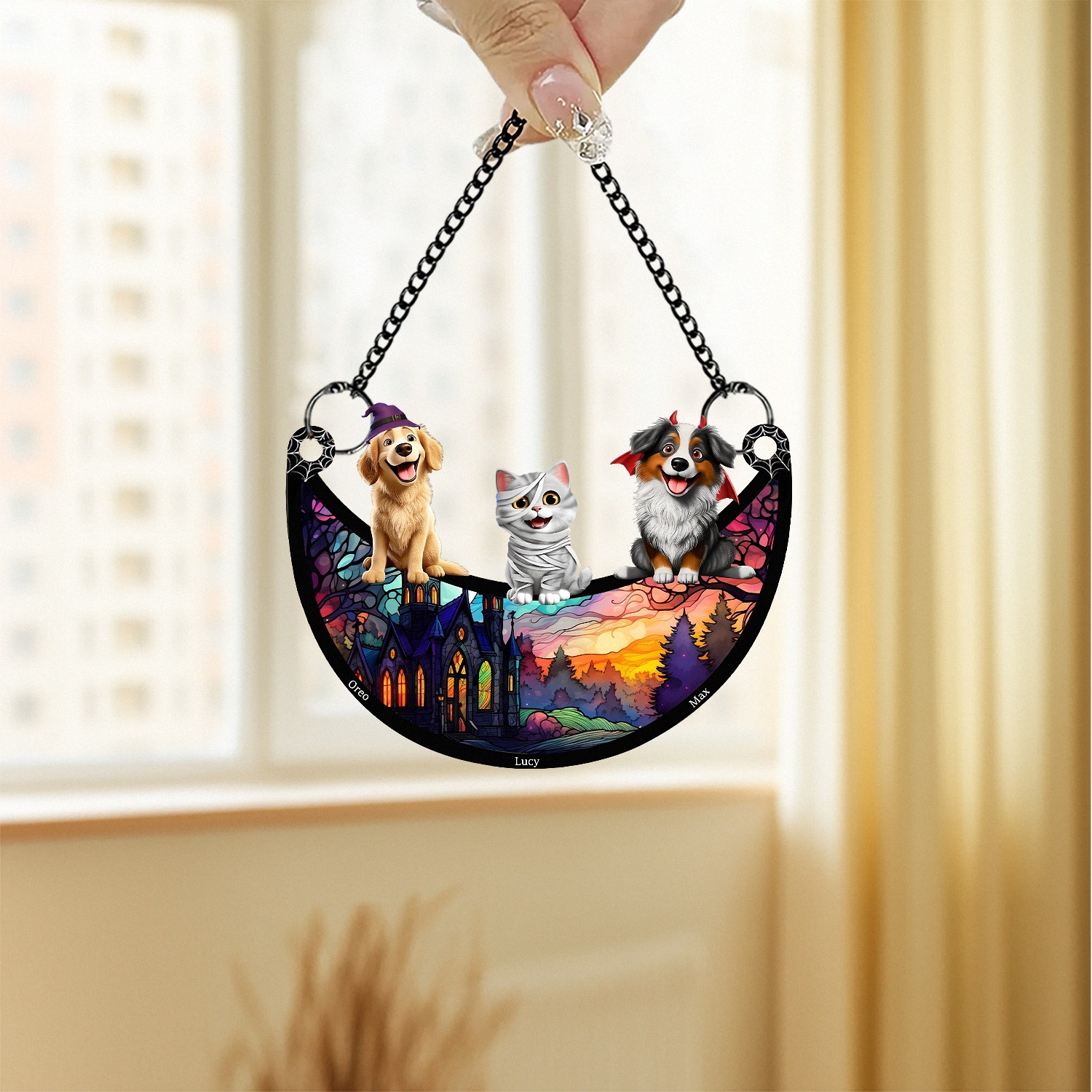 Personalized Halloween Pet Suncatcher with Custom Names CrescentShaped Window Hanging with Pets in Costume Stained Glass Effect Spooky Season Decor Gift for Dog Cat Lovers