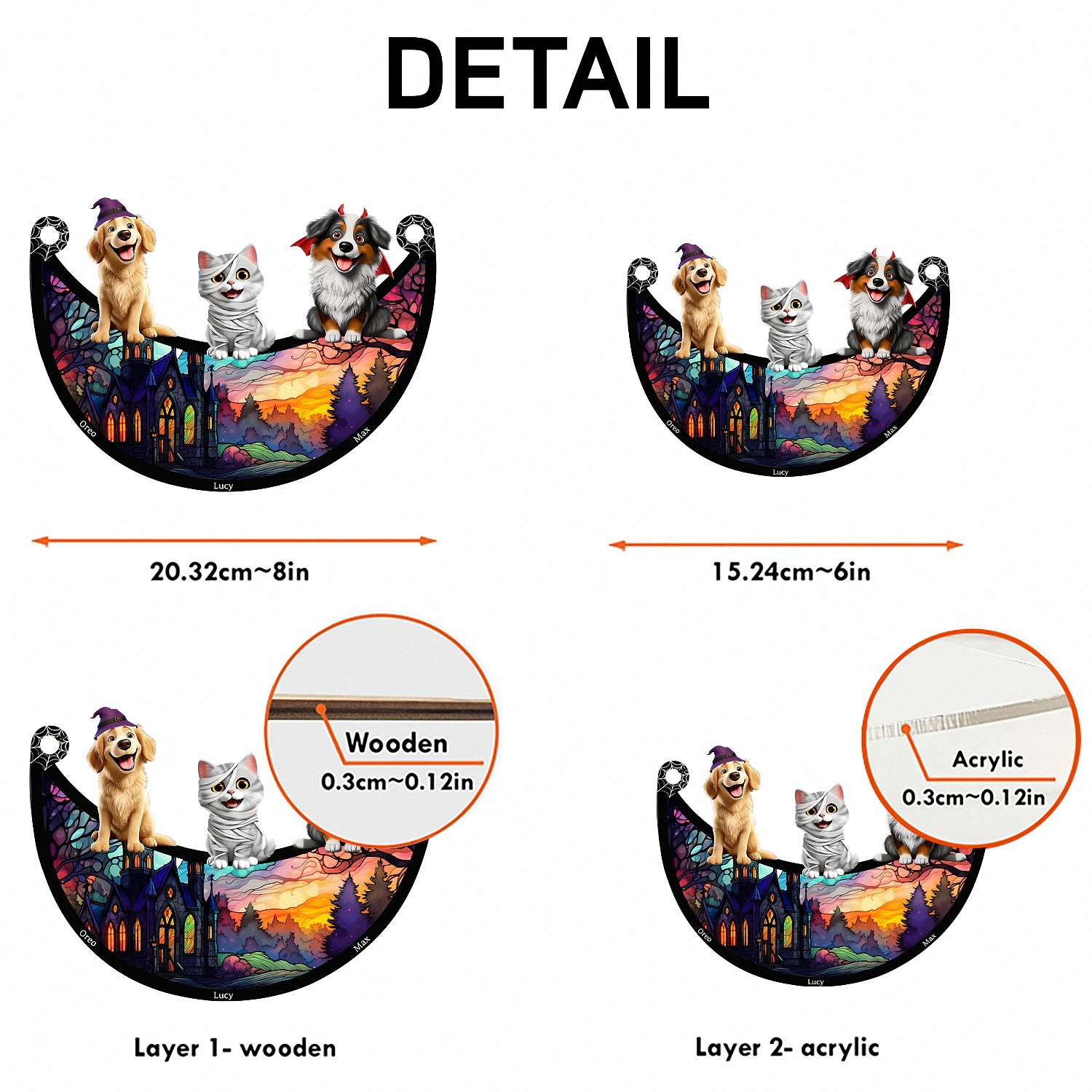 Personalized Halloween Pet Suncatcher with Custom Names CrescentShaped Window Hanging with Pets in Costume Stained Glass Effect Spooky Season Decor Gift for Dog Cat Lovers