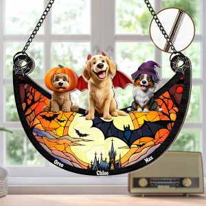 Personalized Halloween Pet Suncatcher with Names, Crescent-Shaped Window Hanging with Dogs in Costume, Stained Glass Effect, Spooky Season Decor Gift for Dog Lovers