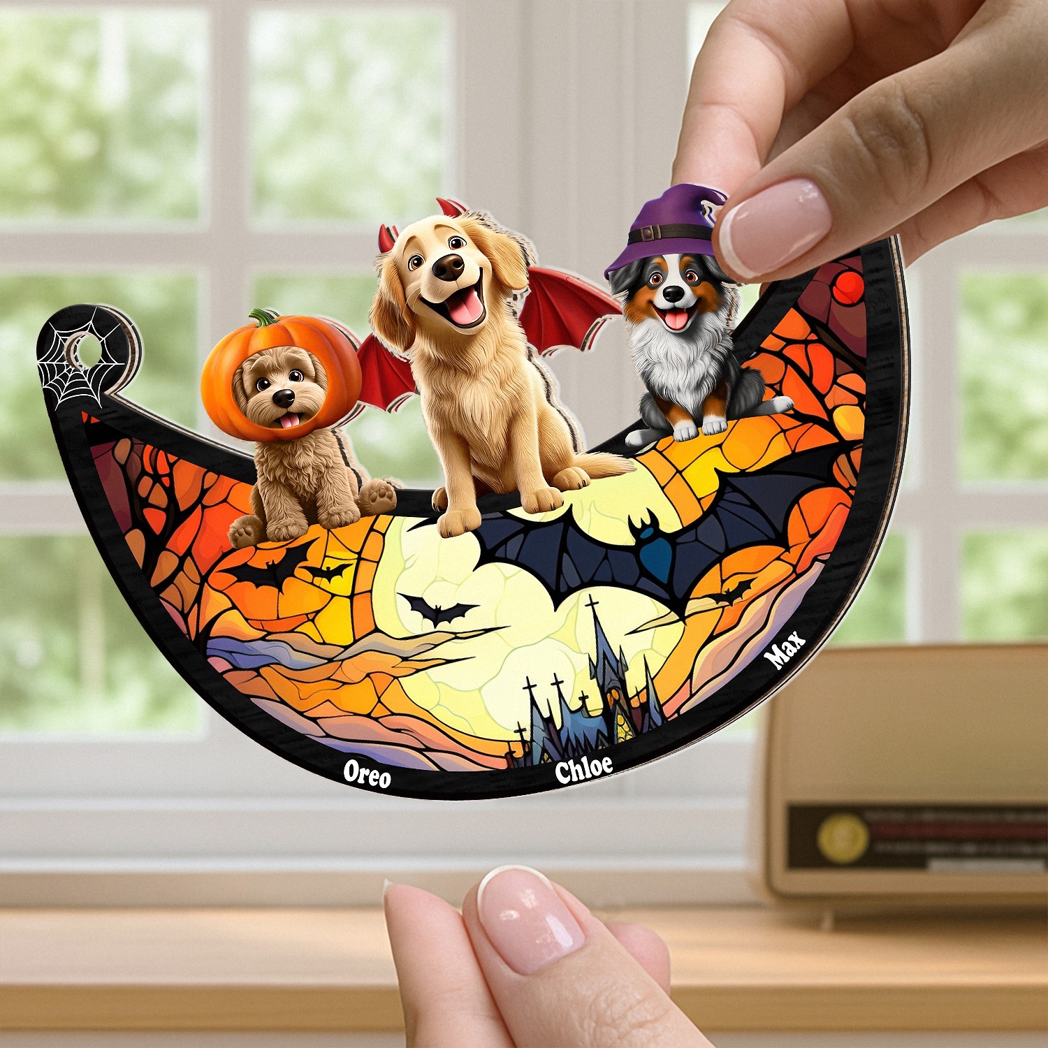 Personalized Halloween Pet Suncatcher with Names, Crescent-Shaped Window Hanging with Dogs in Costume, Stained Glass Effect, Spooky Season Decor Gift for Dog Lovers