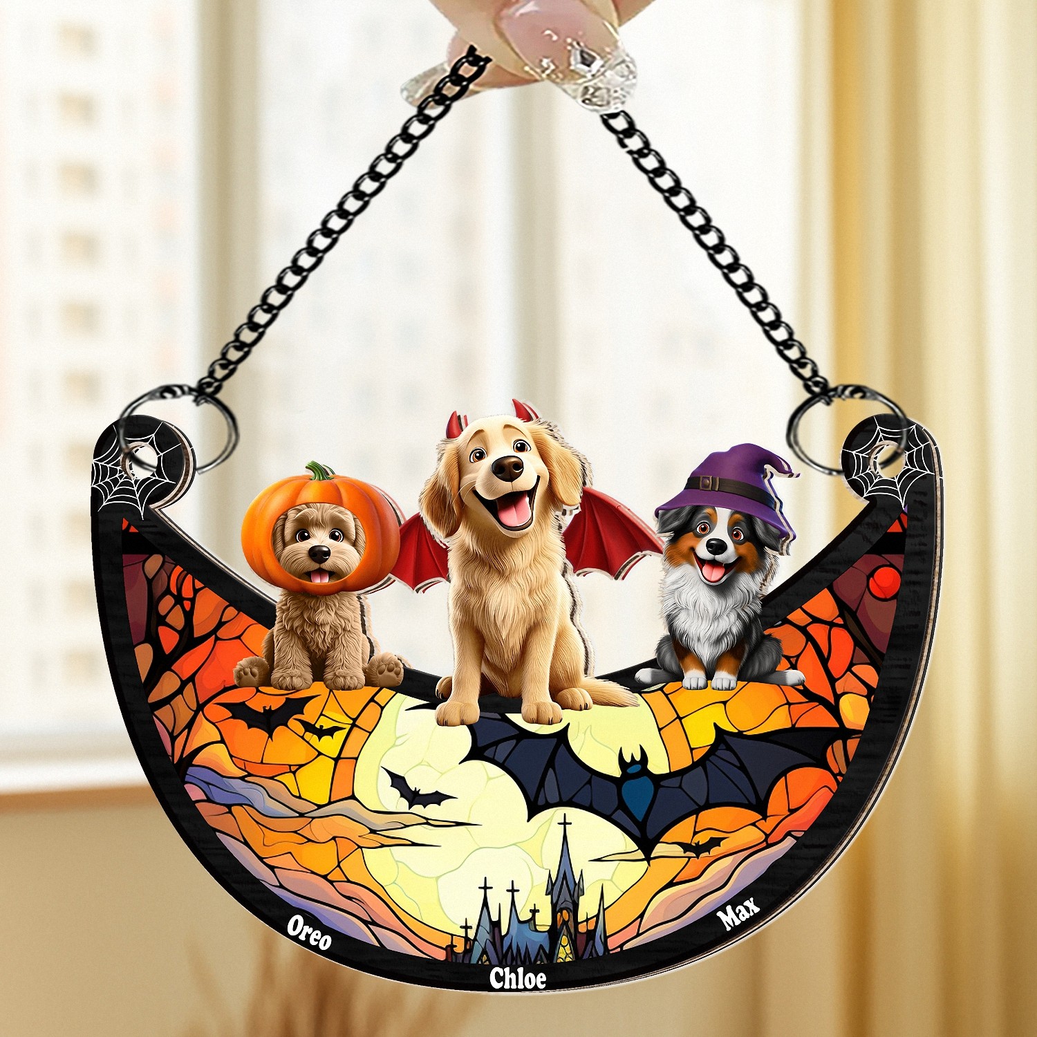 Personalized Halloween Pet Suncatcher with Names, Crescent-Shaped Window Hanging with Dogs in Costume, Stained Glass Effect, Spooky Season Decor Gift for Dog Lovers