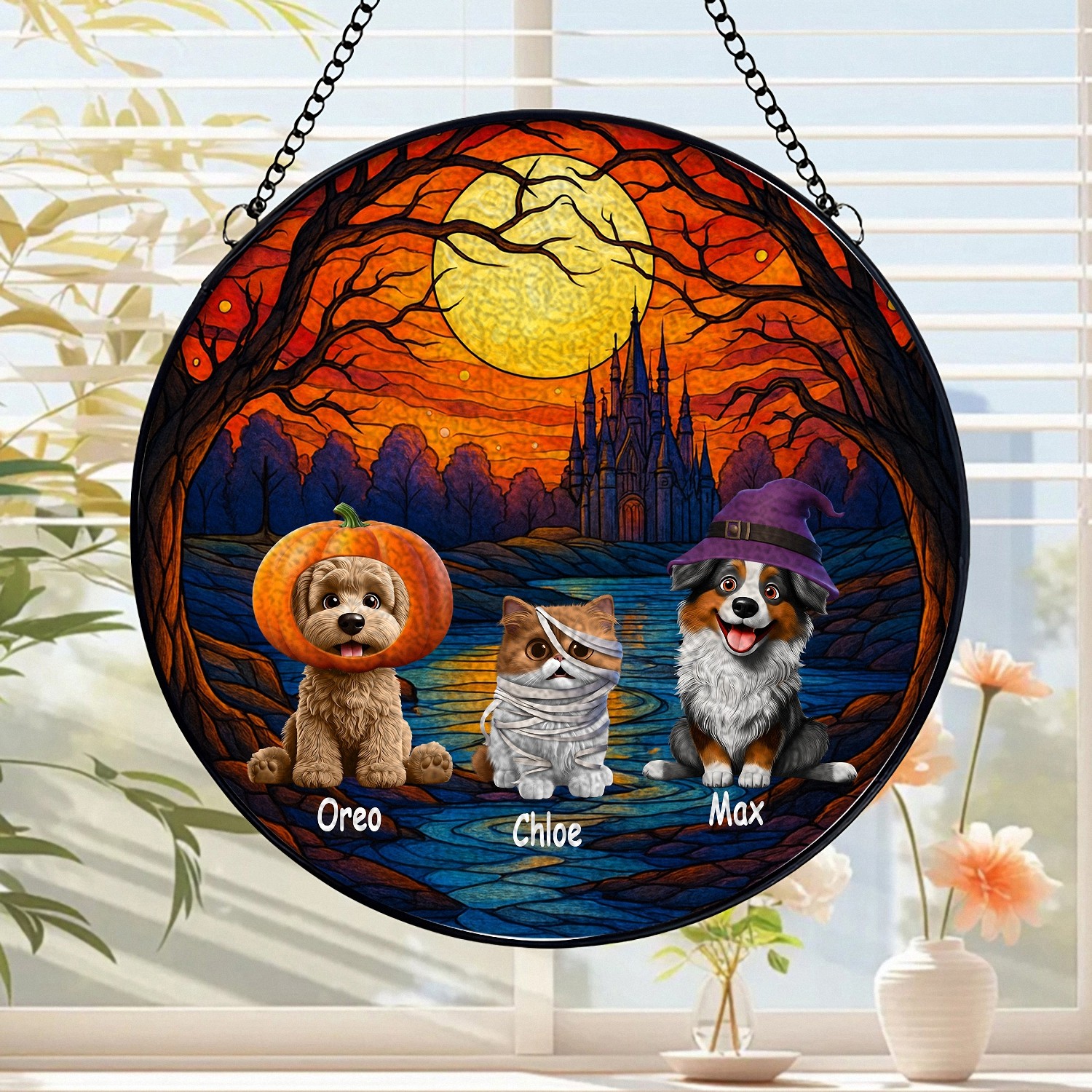 Personalized Halloween Pet Suncatcher with Names Stained Glass Effect Window Hanging Spooky Decor with Pets in Costume Gift for Dog Cat Lovers Custom Pet Portrait