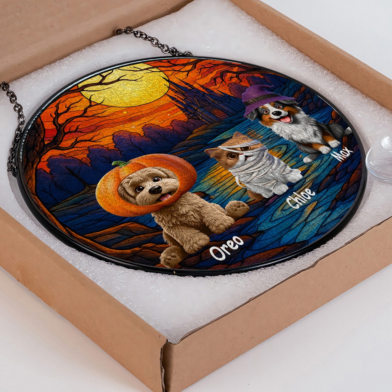 Personalized Halloween Pet Suncatcher with Names Stained Glass Effect Window Hanging Spooky Decor with Pets in Costume Gift for Dog Cat Lovers Custom Pet Portrait
