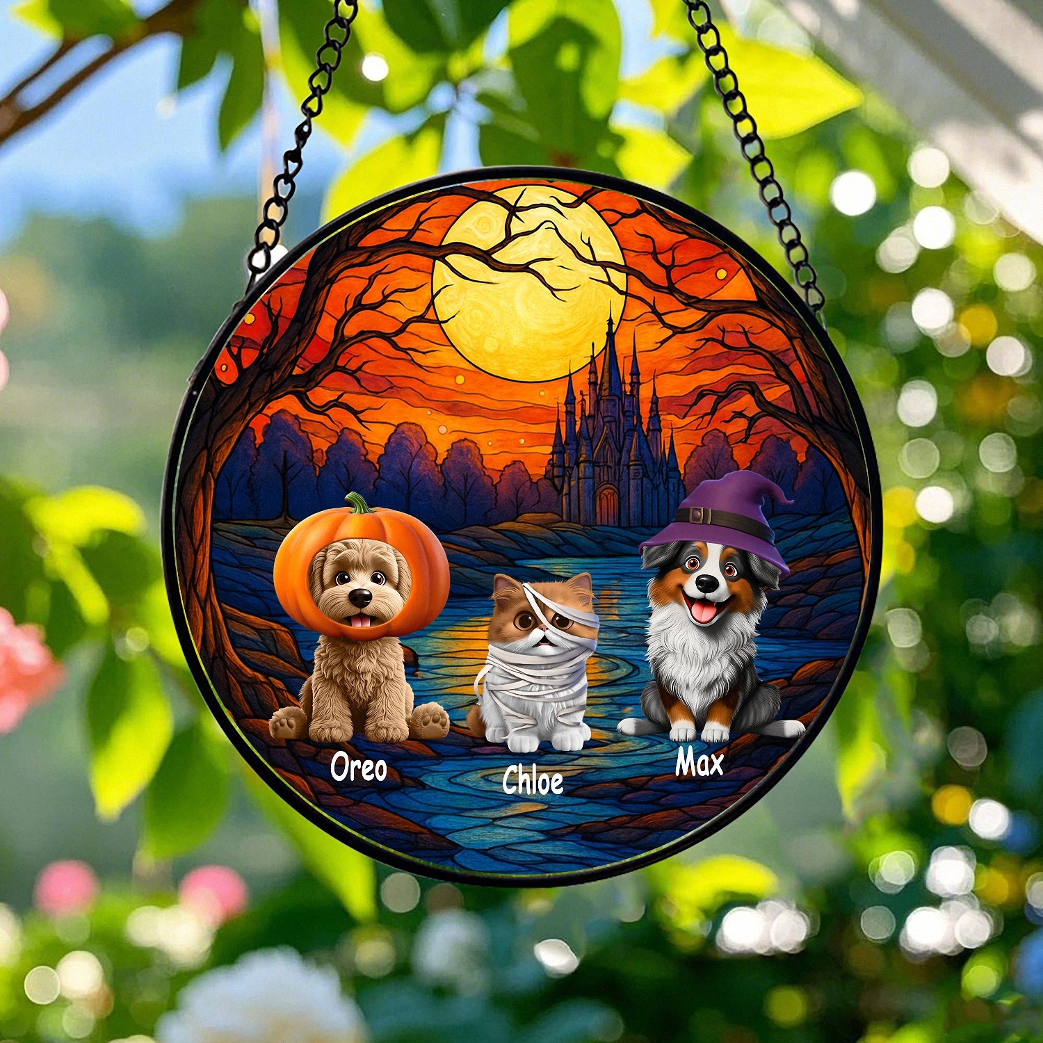 Personalized Halloween Pet Suncatcher with Names Stained Glass Effect Window Hanging Spooky Decor with Pets in Costume Gift for Dog Cat Lovers Custom Pet Portrait