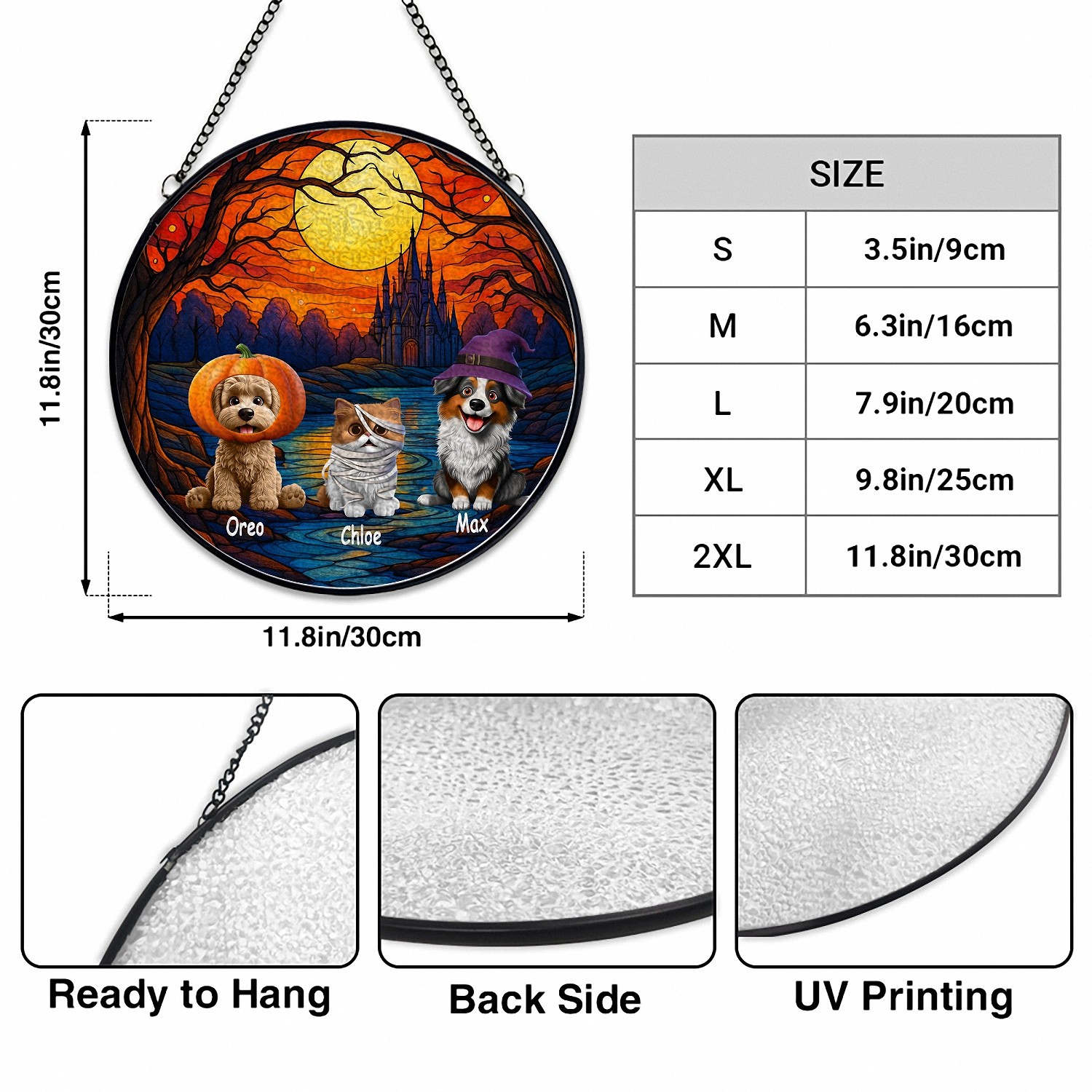 Personalized Halloween Pet Suncatcher with Names Stained Glass Effect Window Hanging Spooky Decor with Pets in Costume Gift for Dog Cat Lovers Custom Pet Portrait