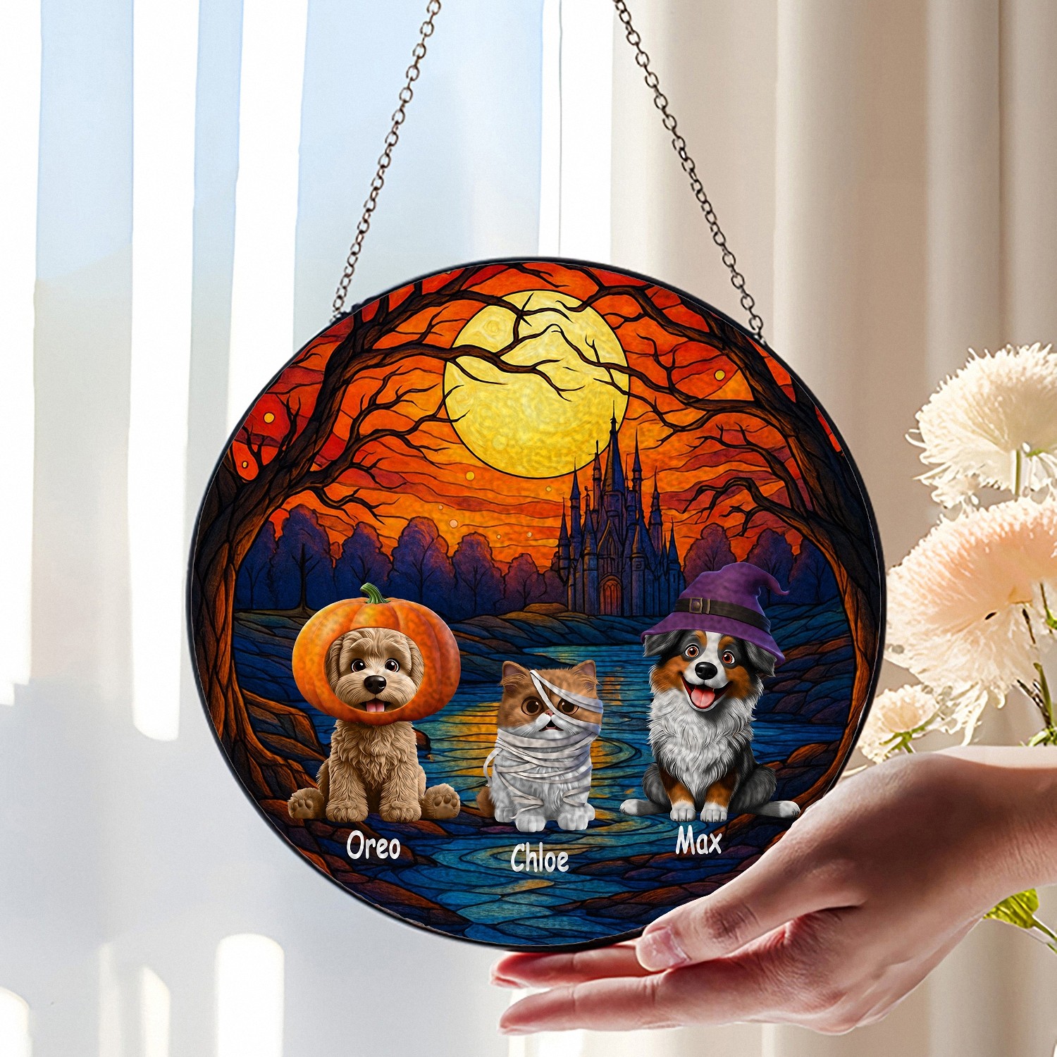 Personalized Halloween Pet Suncatcher with Names Stained Glass Effect Window Hanging Spooky Decor with Pets in Costume Gift for Dog Cat Lovers Custom Pet Portrait