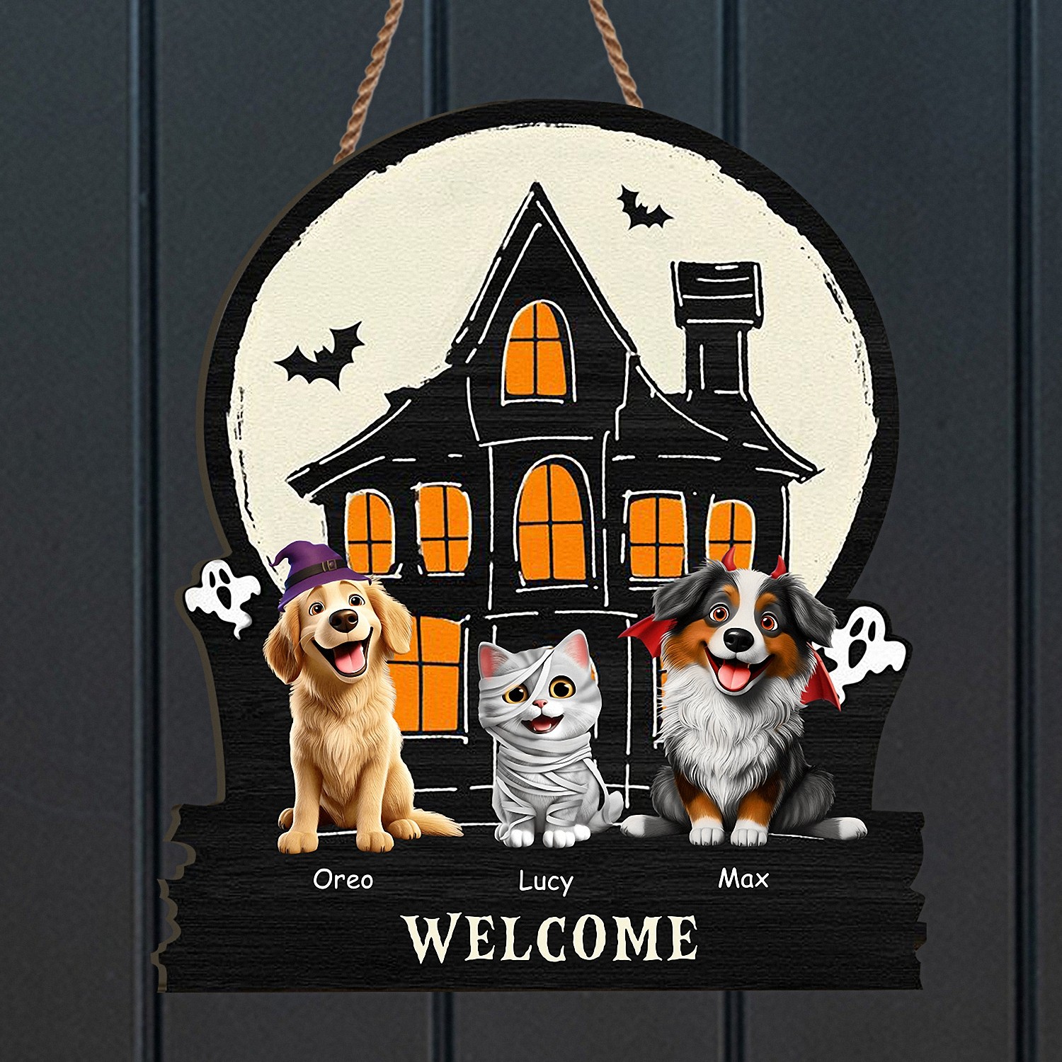 Personalized Halloween Pet Welcome Sign with Names Haunted House Door Hanger Layered Wooden Spooky Decor Funny Halloween Gift for Dog Cat Lovers