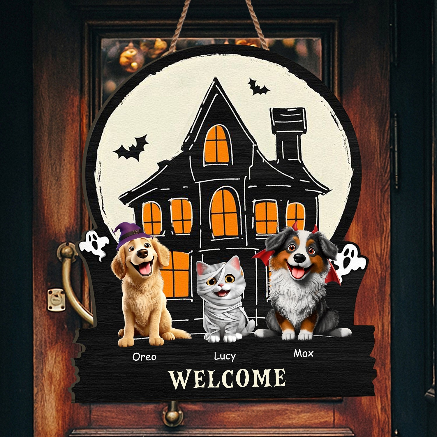 Personalized Halloween Pet Welcome Sign with Names Haunted House Door Hanger Layered Wooden Spooky Decor Funny Halloween Gift for Dog Cat Lovers