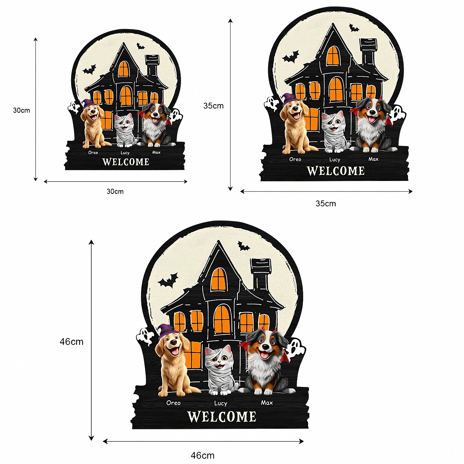 Personalized Halloween Pet Welcome Sign with Names Haunted House Door Hanger Layered Wooden Spooky Decor Funny Halloween Gift for Dog Cat Lovers