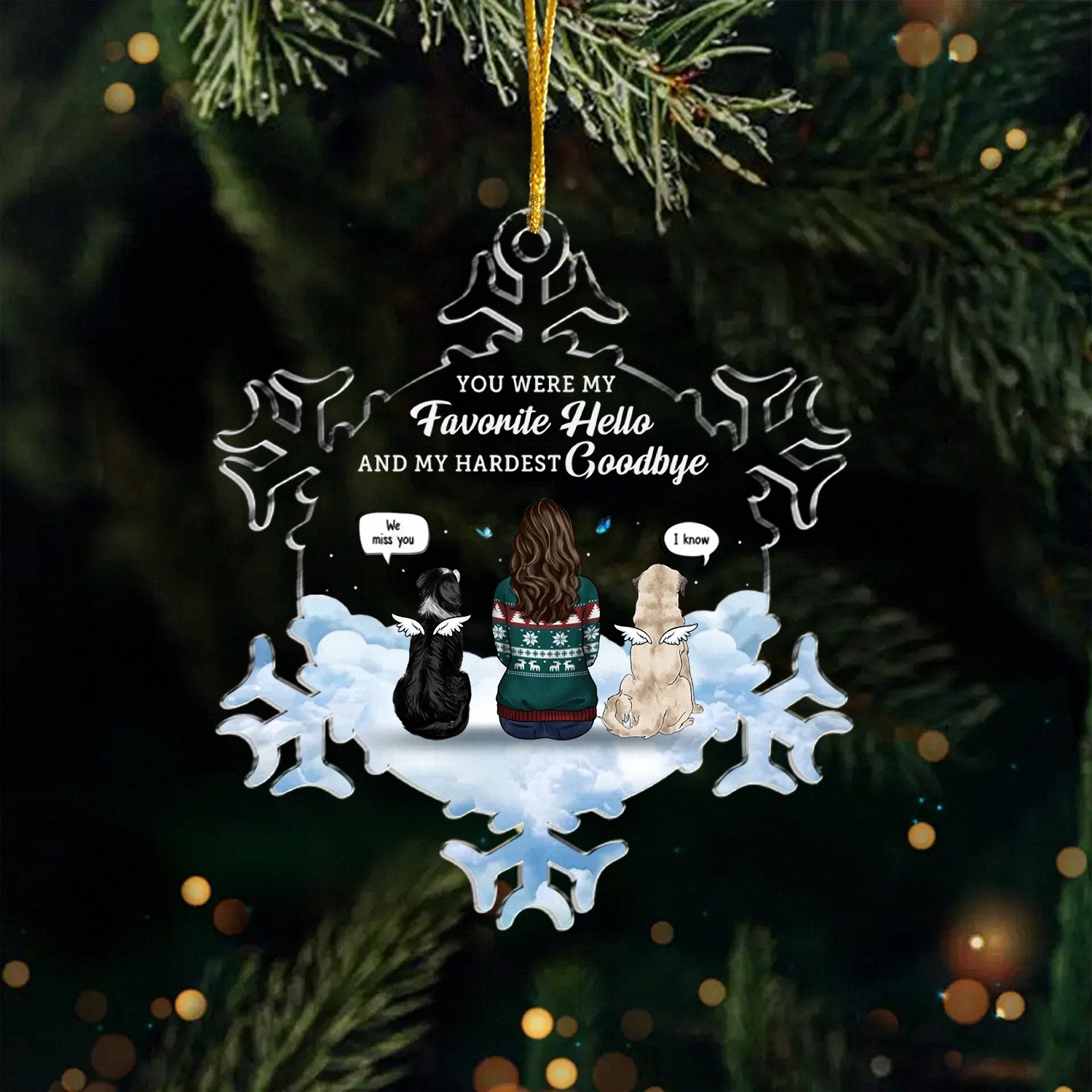 Personalized Hardest Goodbye Pet Memorial Ornament with Angel Dogs Snowflake Shaped Acrylic Keepsake Christmas Pet Loss Bereavement Gift for Grieving Owners Sympathy Remembrance Decor
