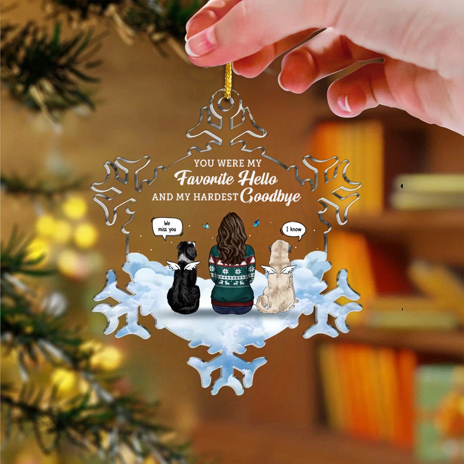 Personalized Hardest Goodbye Pet Memorial Ornament with Angel Dogs Snowflake Shaped Acrylic Keepsake Christmas Pet Loss Bereavement Gift for Grieving Owners Sympathy Remembrance Decor