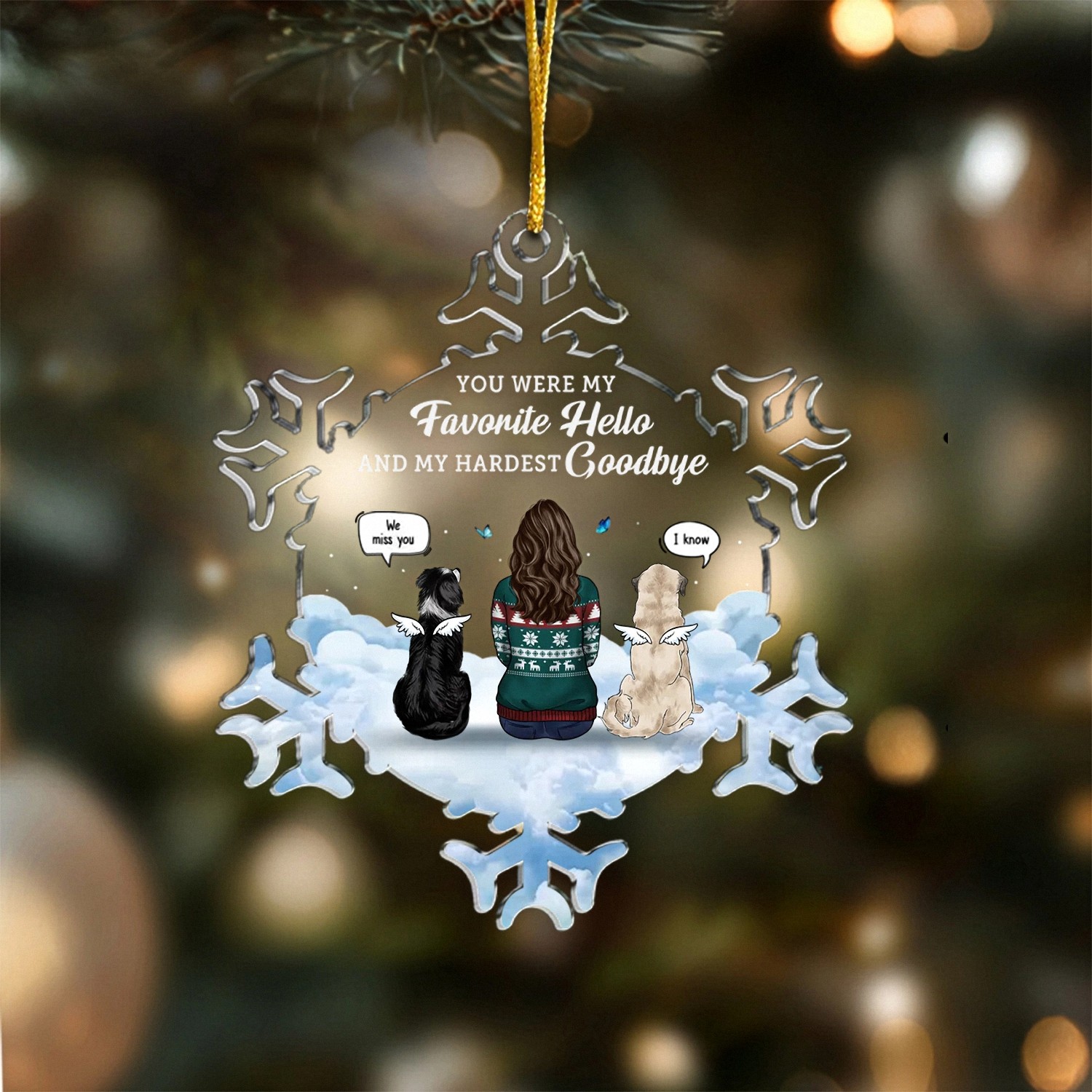 Personalized Hardest Goodbye Pet Memorial Ornament with Angel Dogs Snowflake Shaped Acrylic Keepsake Christmas Pet Loss Bereavement Gift for Grieving Owners Sympathy Remembrance Decor
