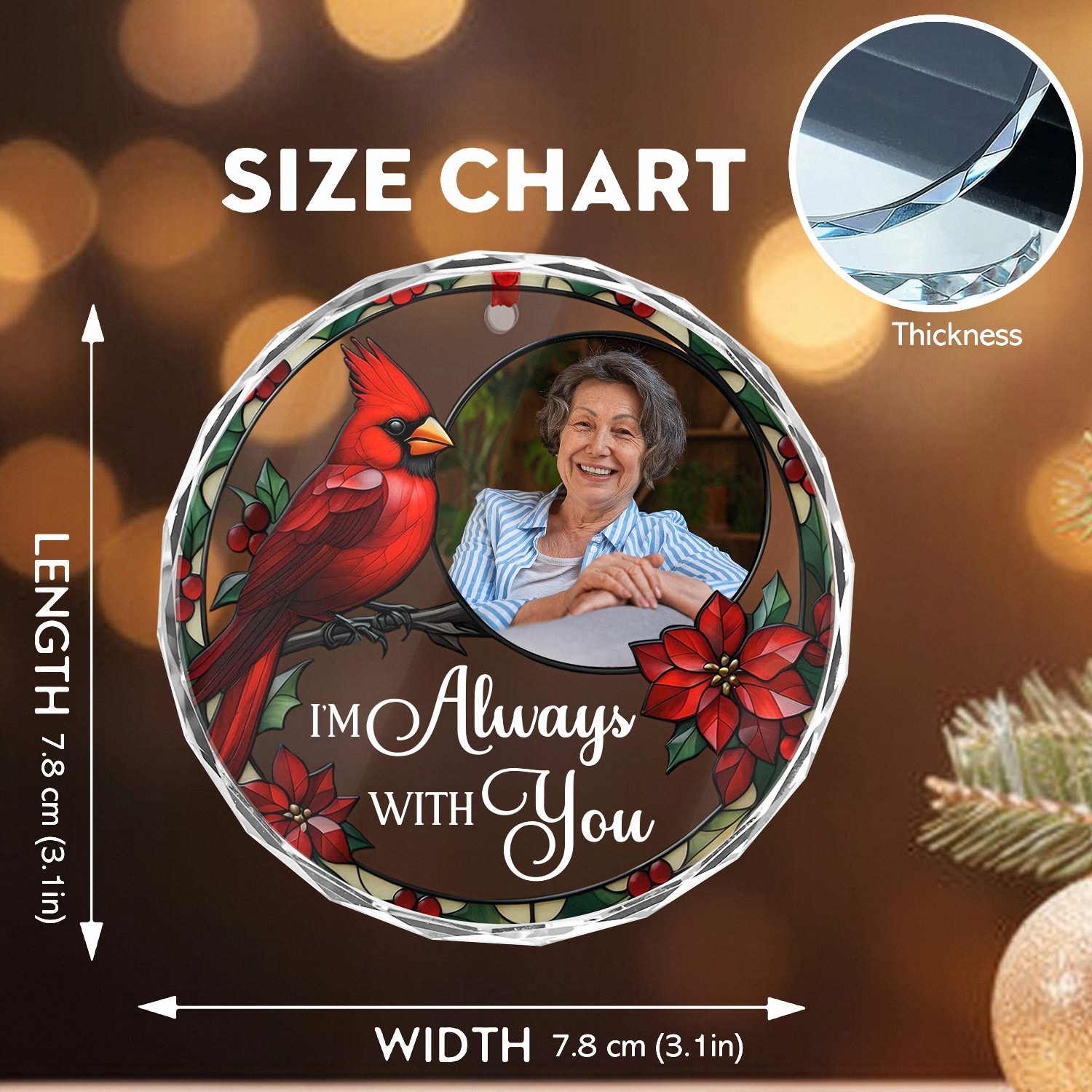 Personalized Im Always With You Memorial Ornament with Photo Custom Cardinal Keepsake Faceted Glass Style with Stained Glass Effect Christmas Bereavement Gift for Loss of a Loved One TAA7F