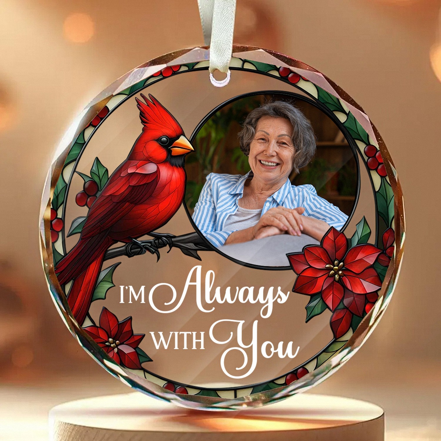 Personalized Im Always With You Memorial Ornament with Photo Custom Cardinal Keepsake Faceted Glass Style with Stained Glass Effect Christmas Bereavement Gift for Loss of a Loved One TAA7F