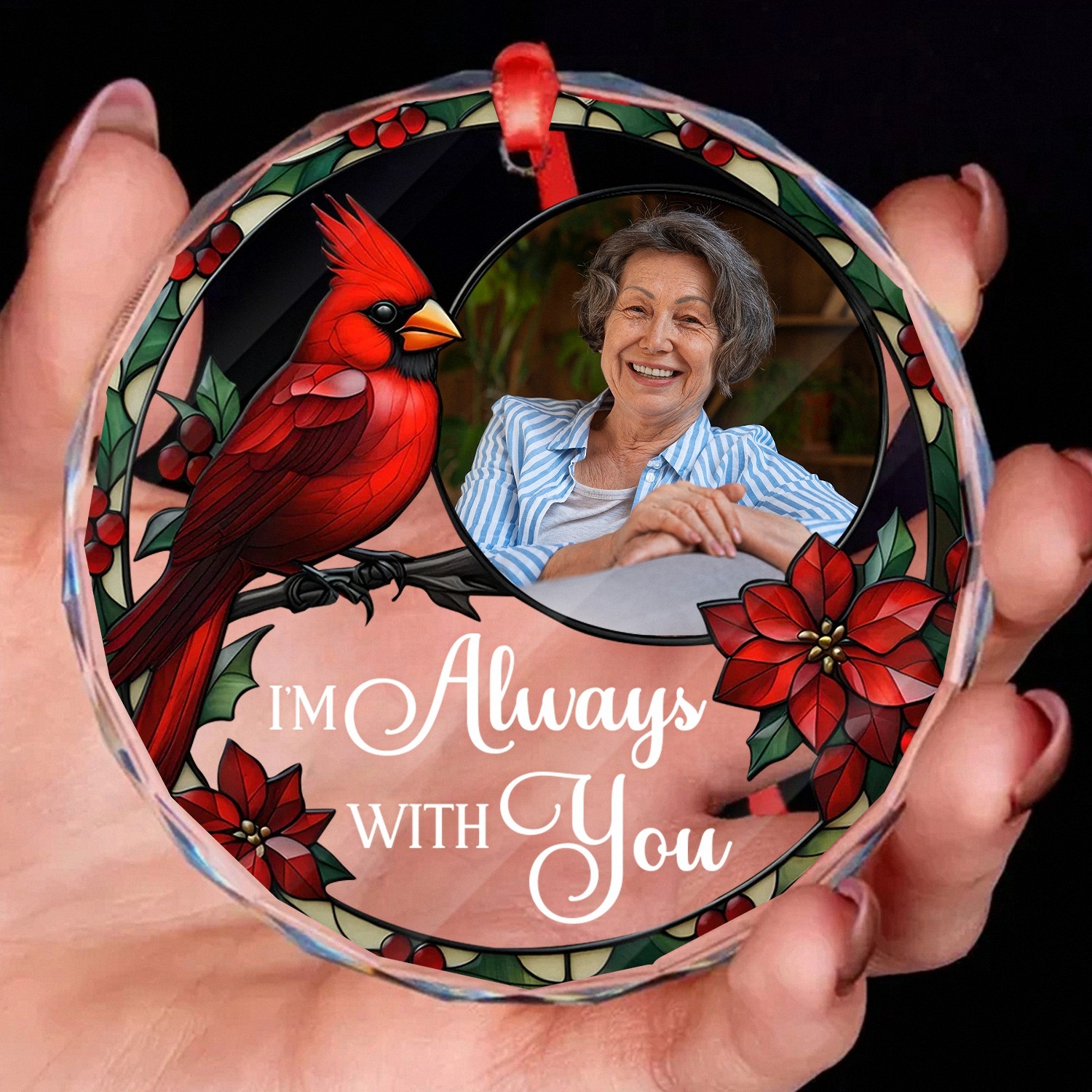 Personalized Im Always With You Memorial Ornament with Photo Custom Cardinal Keepsake Faceted Glass Style with Stained Glass Effect Christmas Bereavement Gift for Loss of a Loved One TAA7F