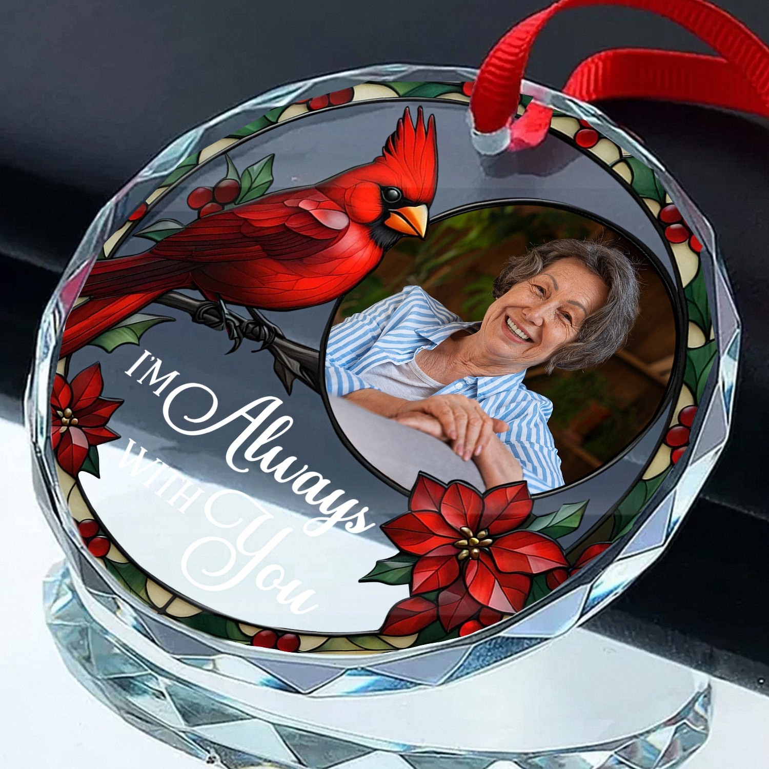 Personalized Im Always With You Memorial Ornament with Photo Custom Cardinal Keepsake Faceted Glass Style with Stained Glass Effect Christmas Bereavement Gift for Loss of a Loved One TAA7F