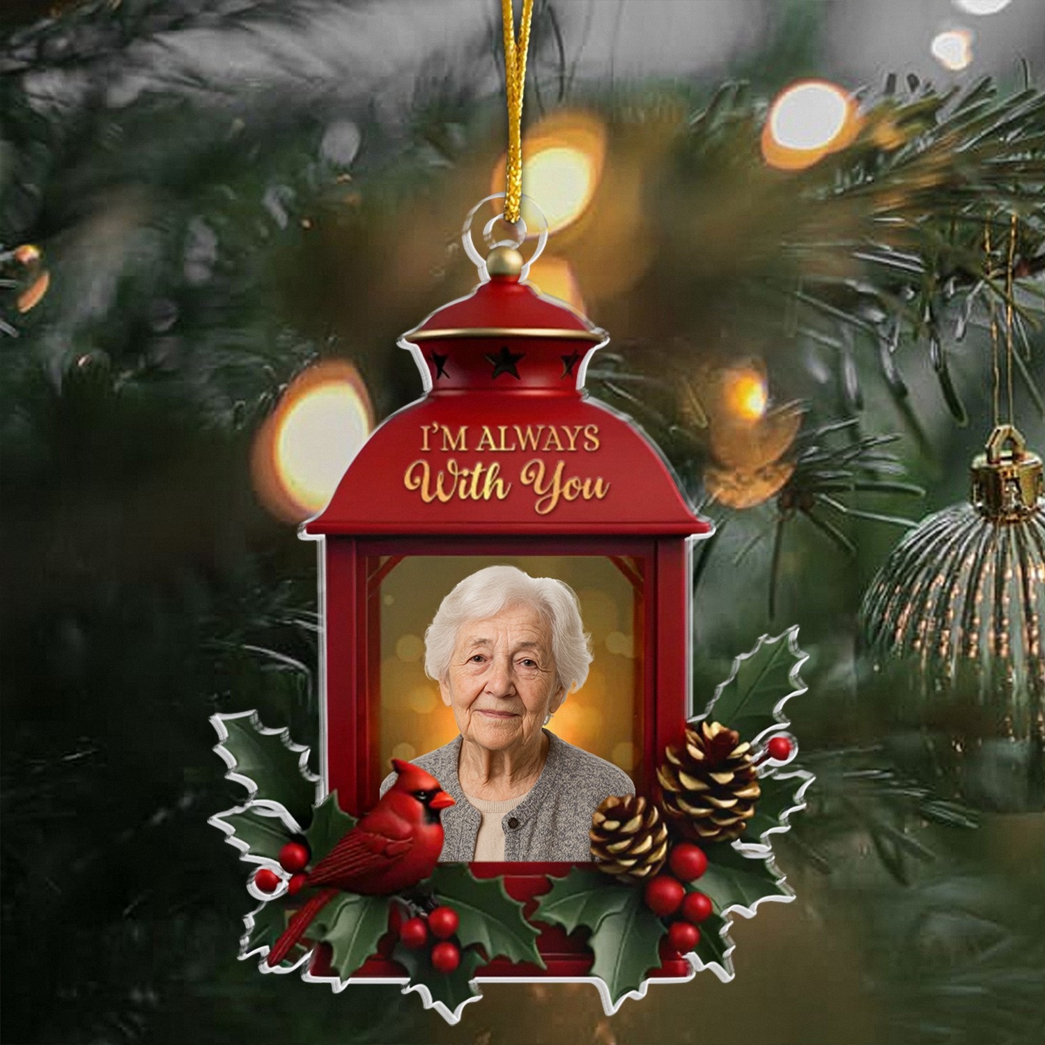 Personalized Im Always With You Memorial Ornament with Photo Custom Red Lantern Keepsake Layered Acrylic Style with Cardinal Christmas Bereavement Gift for Loss of a Loved One-KOK9Y