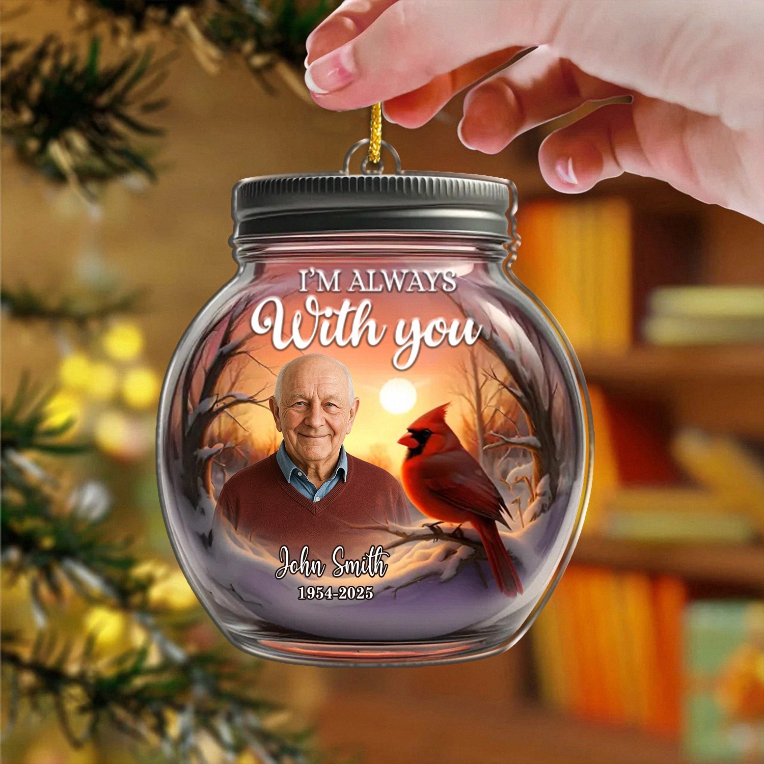 Personalized Im Always With You Memorial Ornament with Photo Dates Custom Mason Jar Keepsake with Cardinal Christmas Bereavement Gift for Loss of a Loved One Sympathy Tree Decoration MNDYF