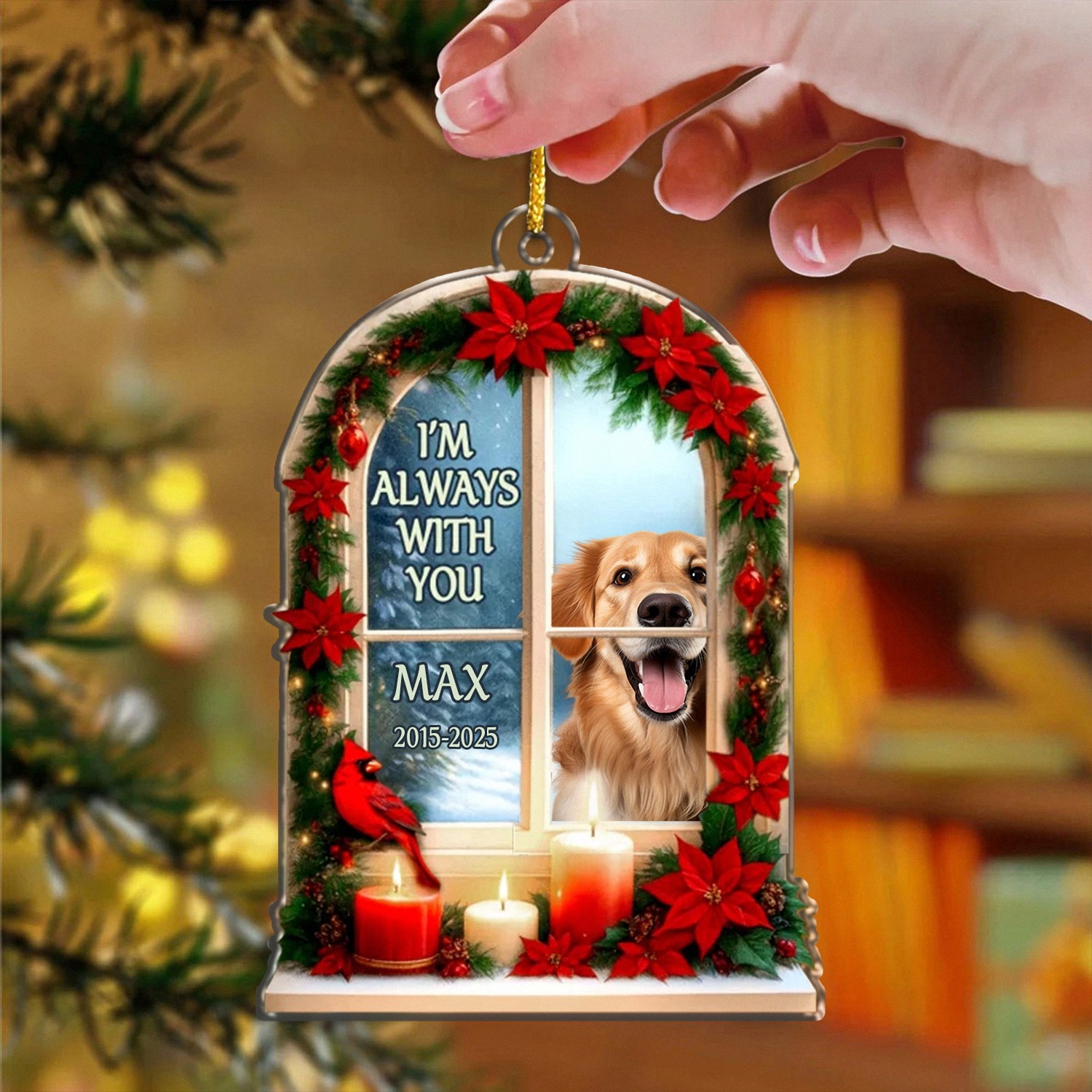 Personalized Im Always With You Pet Memorial Ornament with Photo Dates Custom Christmas Window Keepsake Layered Acrylic Style with Cardinal 8XYGP