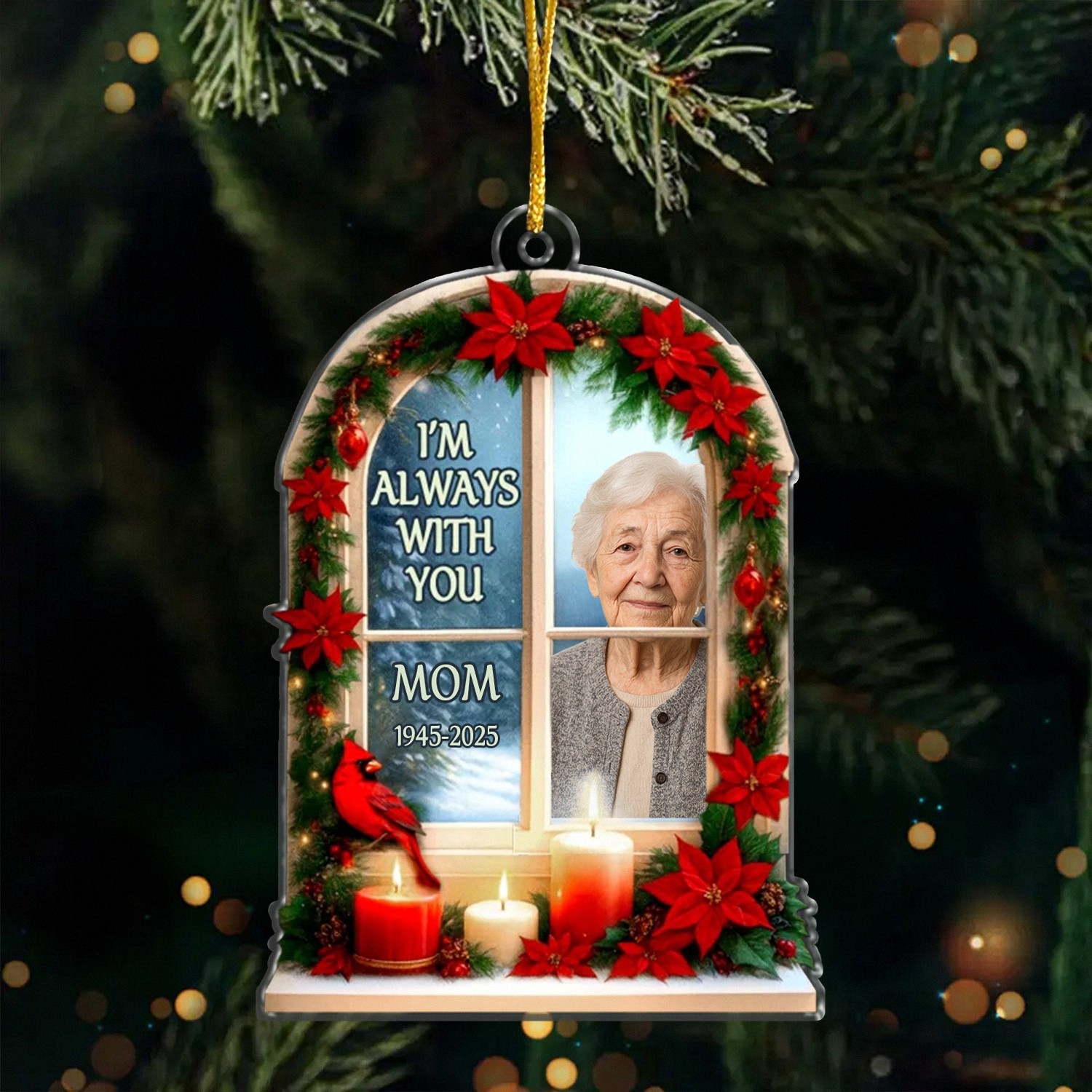 Personalized Im Always With You Pet Memorial Ornament with Photo Dates Custom Christmas Window Keepsake Layered Acrylic Style with Cardinal 8XYGP