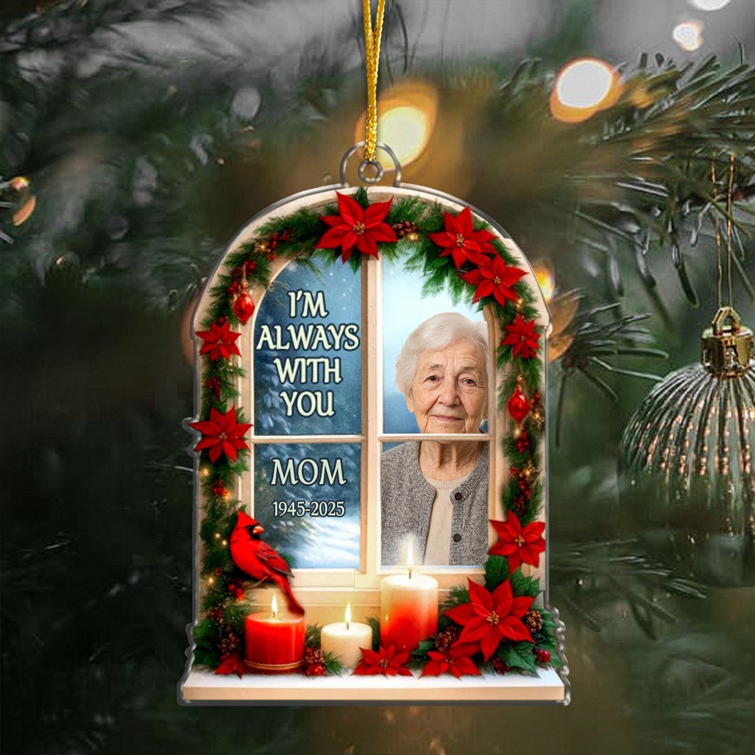 Personalized Im Always With You Pet Memorial Ornament with Photo Dates Custom Christmas Window Keepsake Layered Acrylic Style with Cardinal 8XYGP