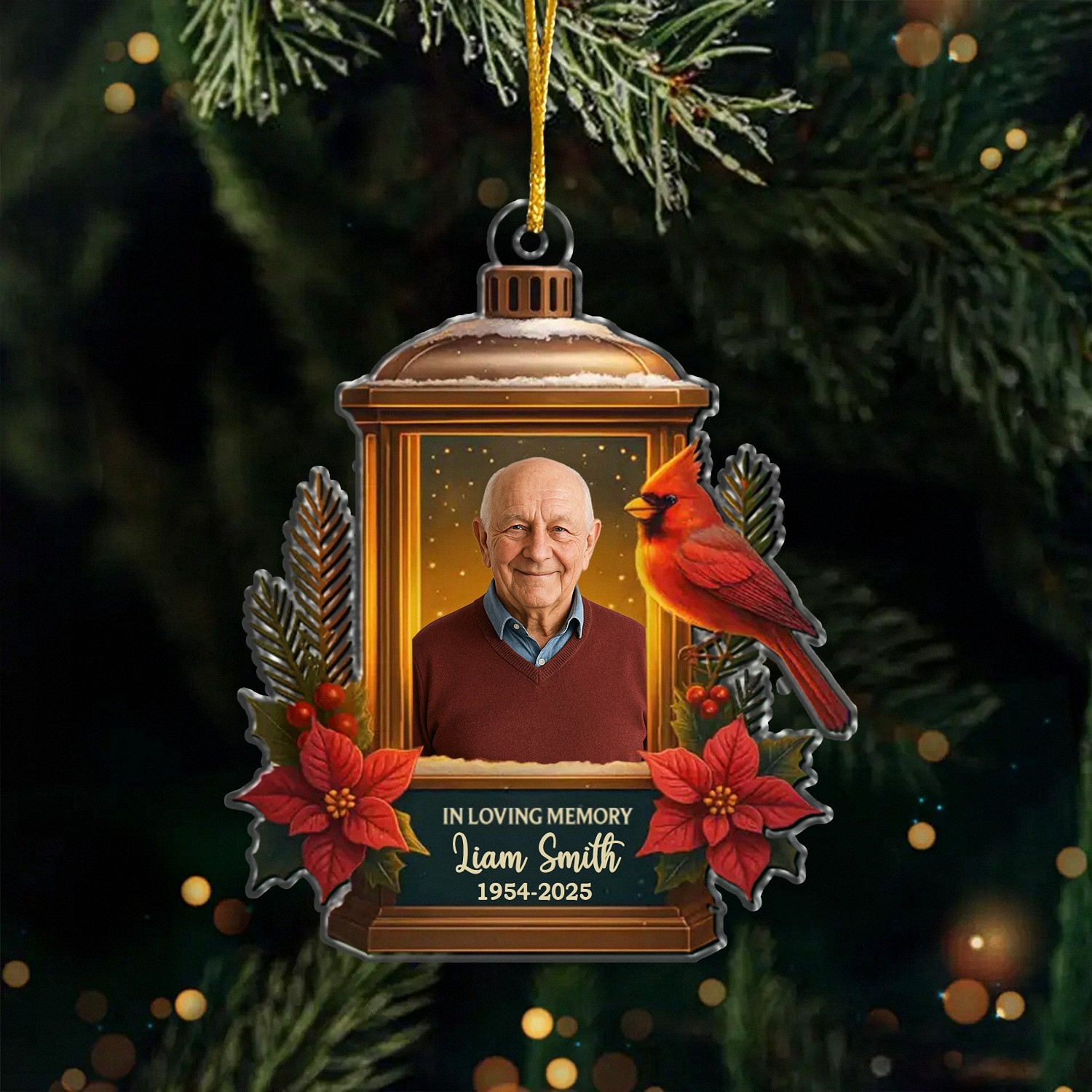 Personalized In Loving Memory Memorial Ornament with Photo Dates Custom Lantern Keepsake with Cardinal Christmas Bereavement Gift for Loss of a Loved One Sympathy Tree Decoration CH5U8