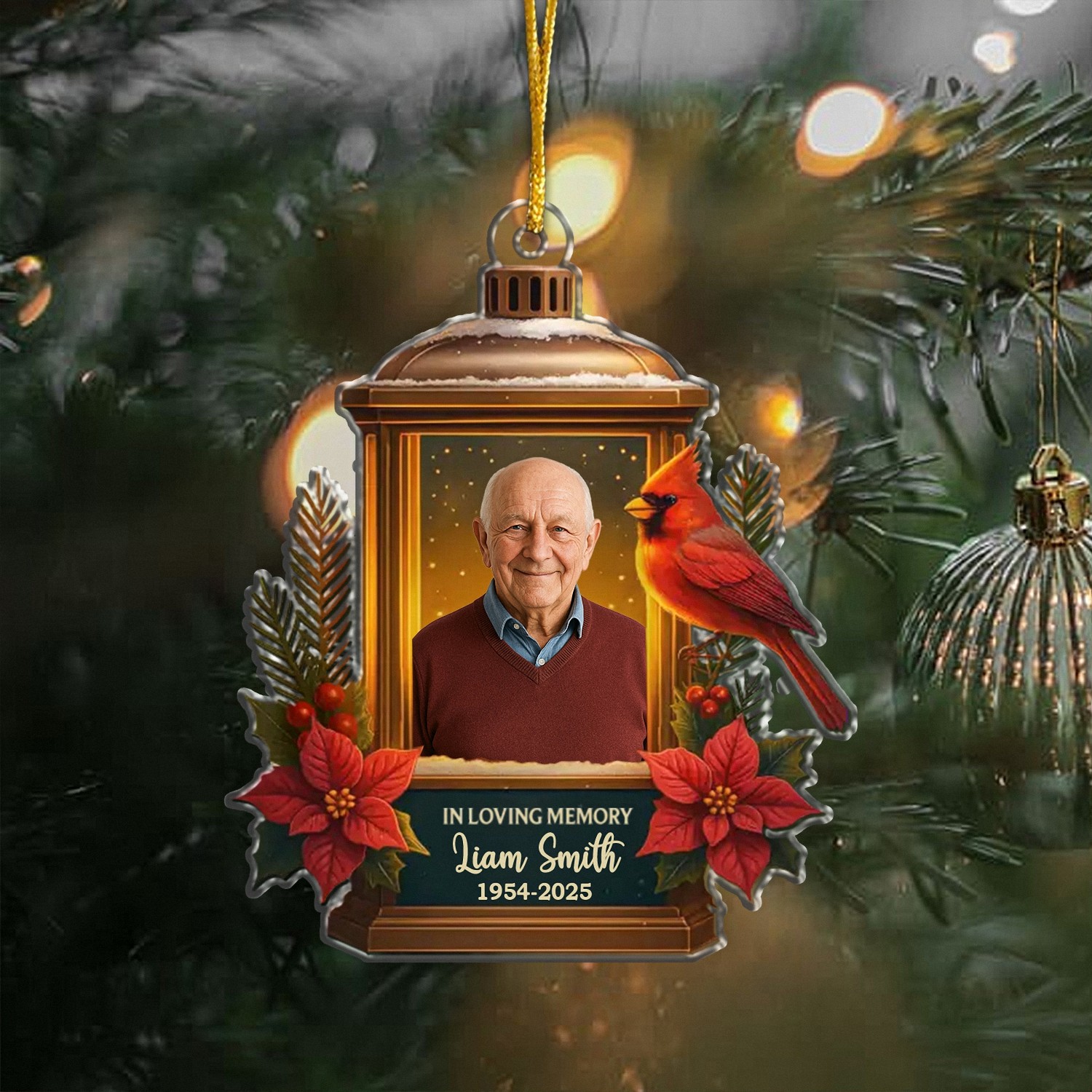 Personalized In Loving Memory Memorial Ornament with Photo Dates Custom Lantern Keepsake with Cardinal Christmas Bereavement Gift for Loss of a Loved One Sympathy Tree Decoration CH5U8