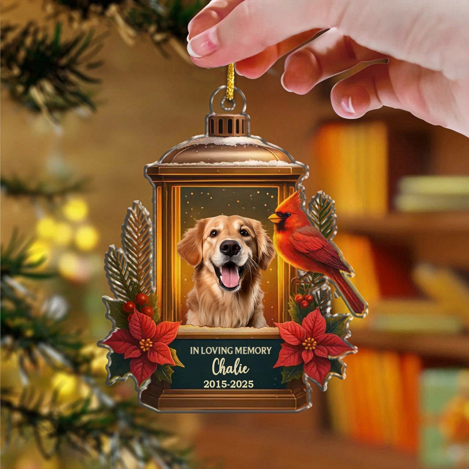 Personalized In Loving Memory Pet Memorial Ornament with Photo Dates Custom Lantern Keepsake with Cardinal Christmas Bereavement Gift for Grieving Dog Owners Sympathy Tree Decoration-CH5U8