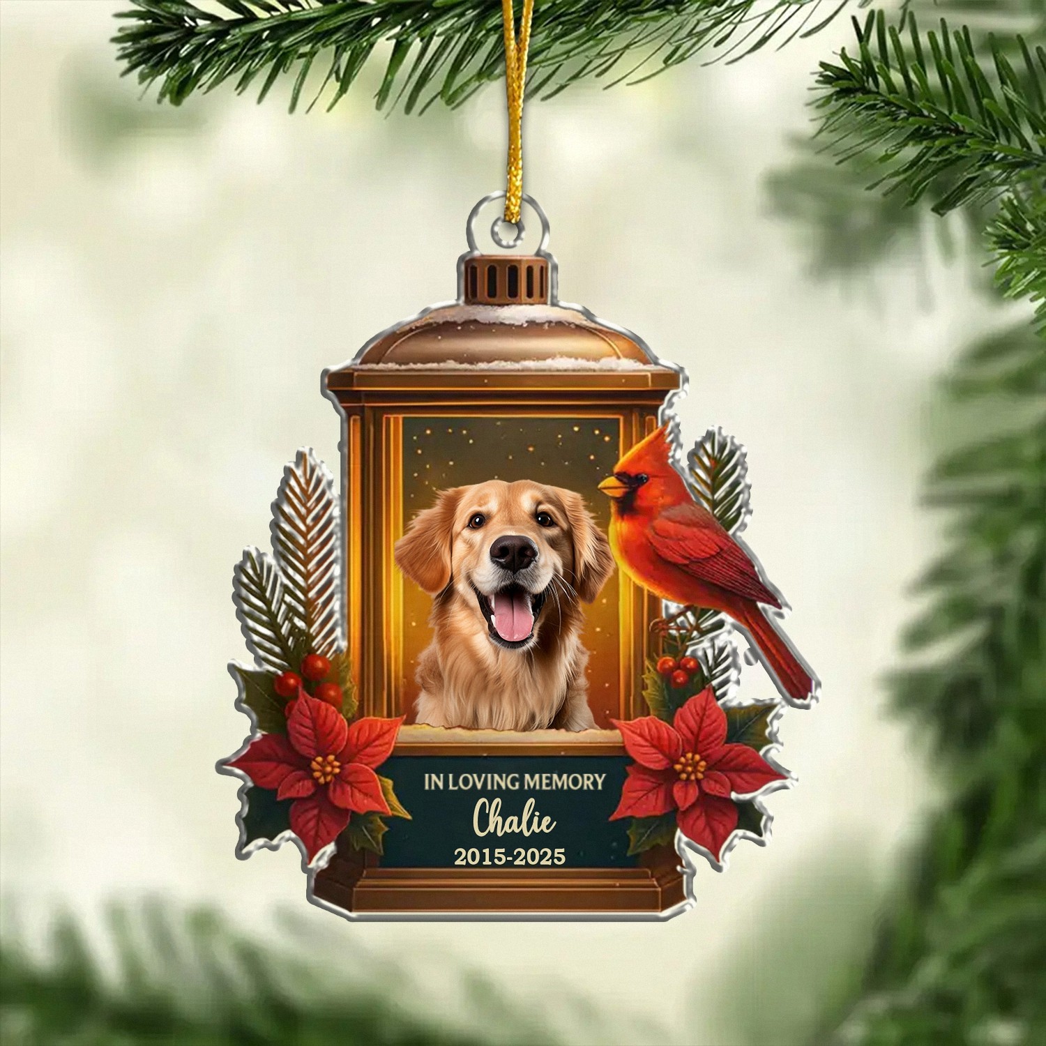 Personalized In Loving Memory Pet Memorial Ornament with Photo Dates Custom Lantern Keepsake with Cardinal Christmas Bereavement Gift for Grieving Dog Owners Sympathy Tree Decoration-CH5U8