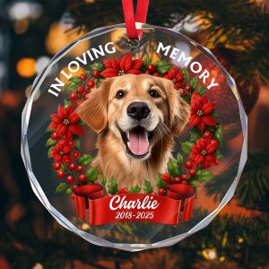 Personalized In Loving Memory Pet Memorial Ornament with Photo Name Dates Custom Dog Keepsake Faceted Glass Style O28K1