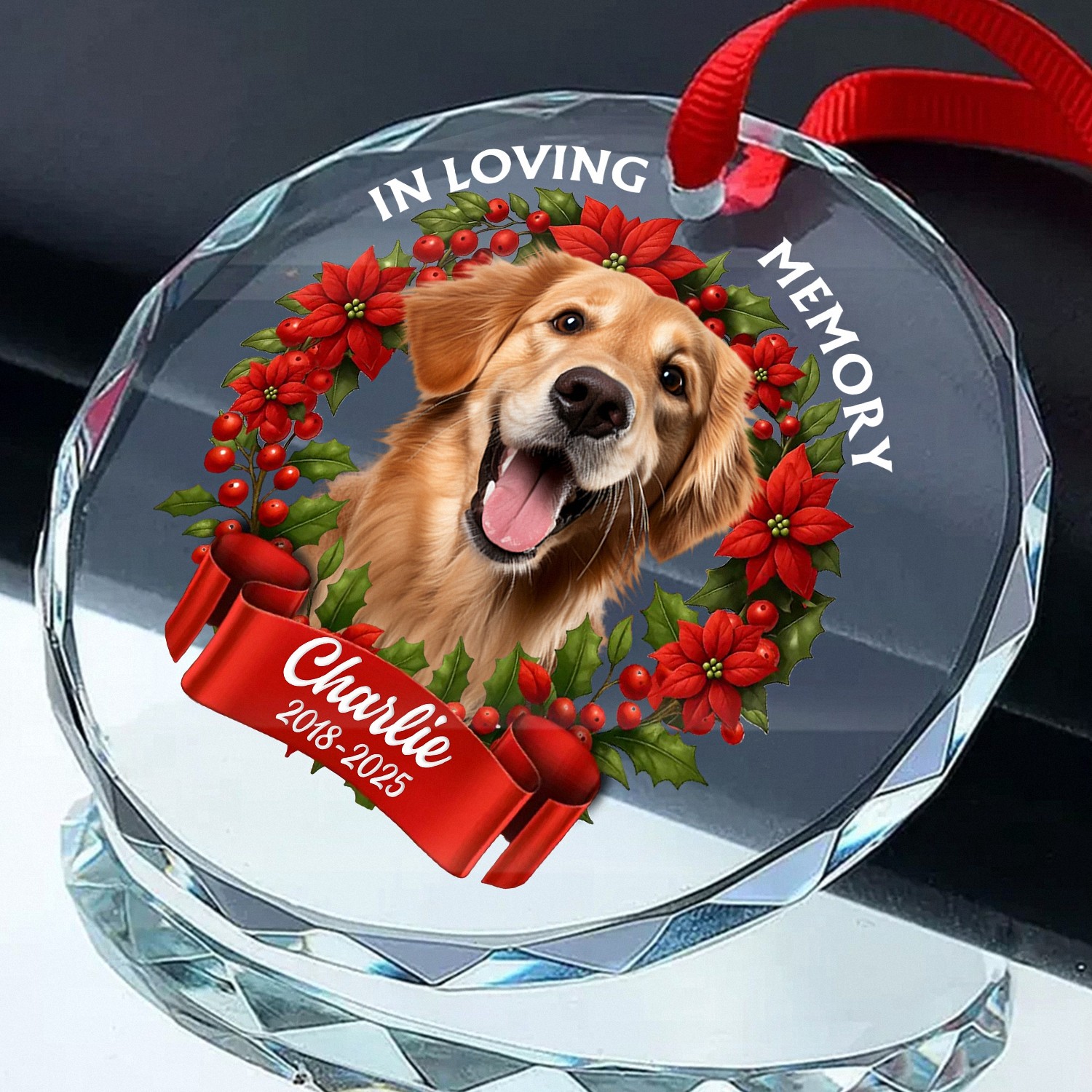 Personalized In Loving Memory Pet Memorial Ornament with Photo Name Dates Custom Dog Keepsake Faceted Glass Style O28K1